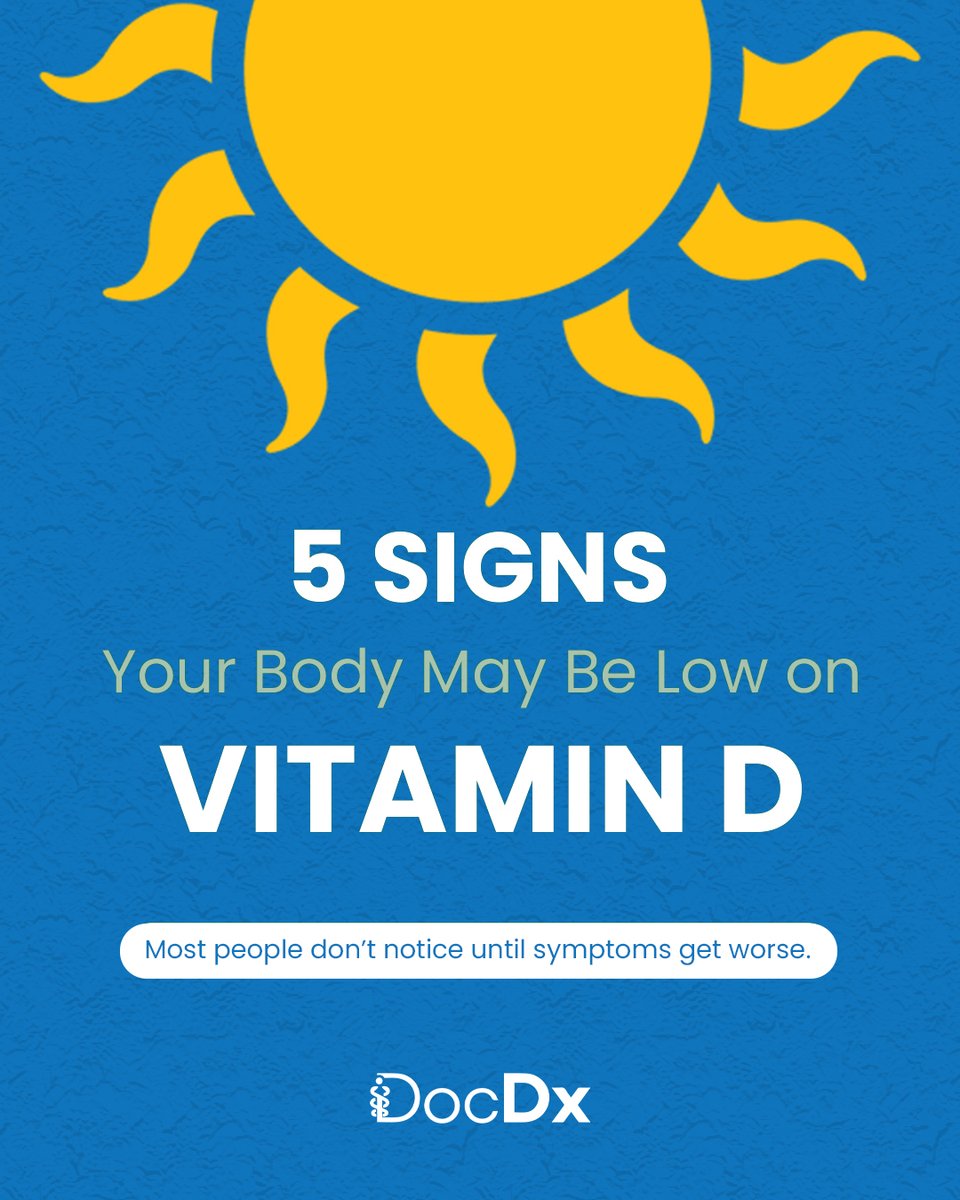 docdxhealth's tweet image. ☀️ 5 signs your body may be low on Vitamin D

Fatigue. Low mood. Weak immunity.

Most people ignore it until it gets worse.

🧪 Don’t ignore them. Get tested early.

#VitaminD #Health #Wellness #PreventiveHealth
