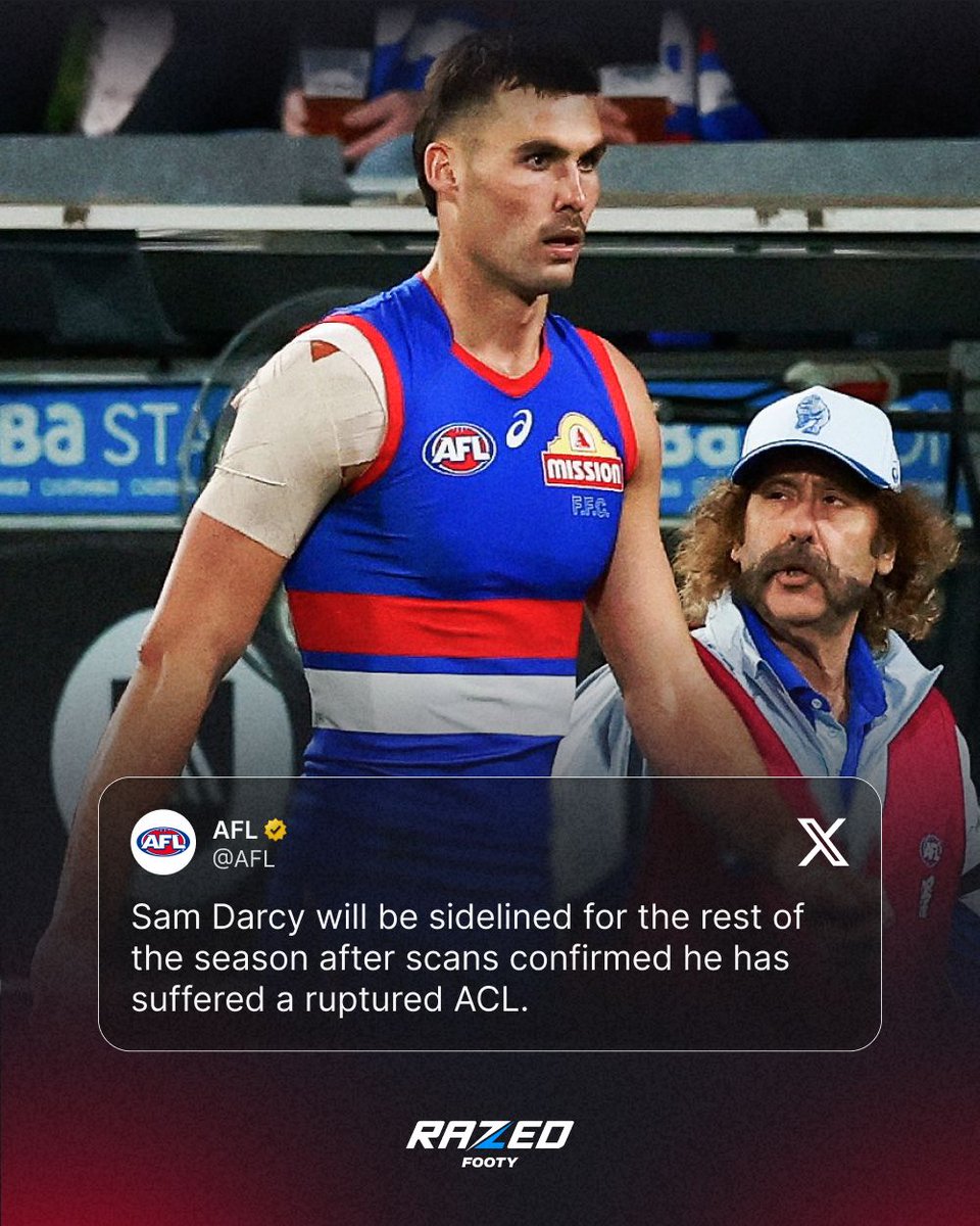 RazedFooty's tweet photo. Wish you a speedy recovery, Sam Darcy! 🤞💙
#AFL #SamDarcy #TheBulldogs https://t.co/cdtFkB9WIv