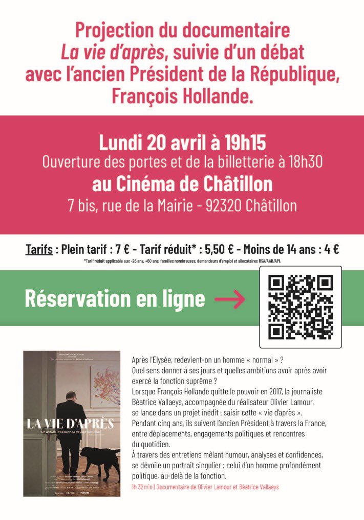 Nous accueillerons ce lundi à 19h15 au cinéma de #Châtillon le Président <a href="/fhollande/">François Hollande</a> pour la diffusion de son documentaire « La Vie d’Après » suivi d’un échange avec notre ancien Président de la République.

Très heureuse de retrouver François Hollande à #Châtillon.

Réservation👇🏽