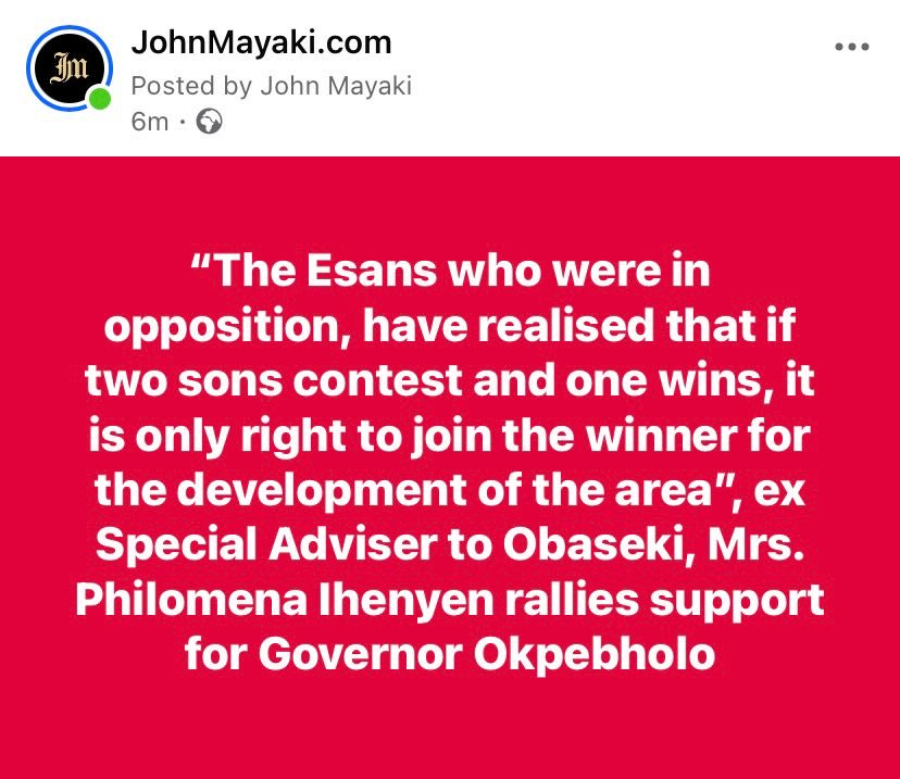 _johnmayaki's tweet photo. "The Esans who were in opposition, have realised that if two sons contest and one wins, it is only right to join the winner for the development of the area", ex Special Adviser to Obaseki, Mrs.
Philomena Ihenyen rallies support for Governor Okpebholo https://t.co/IuFAhp4OPw