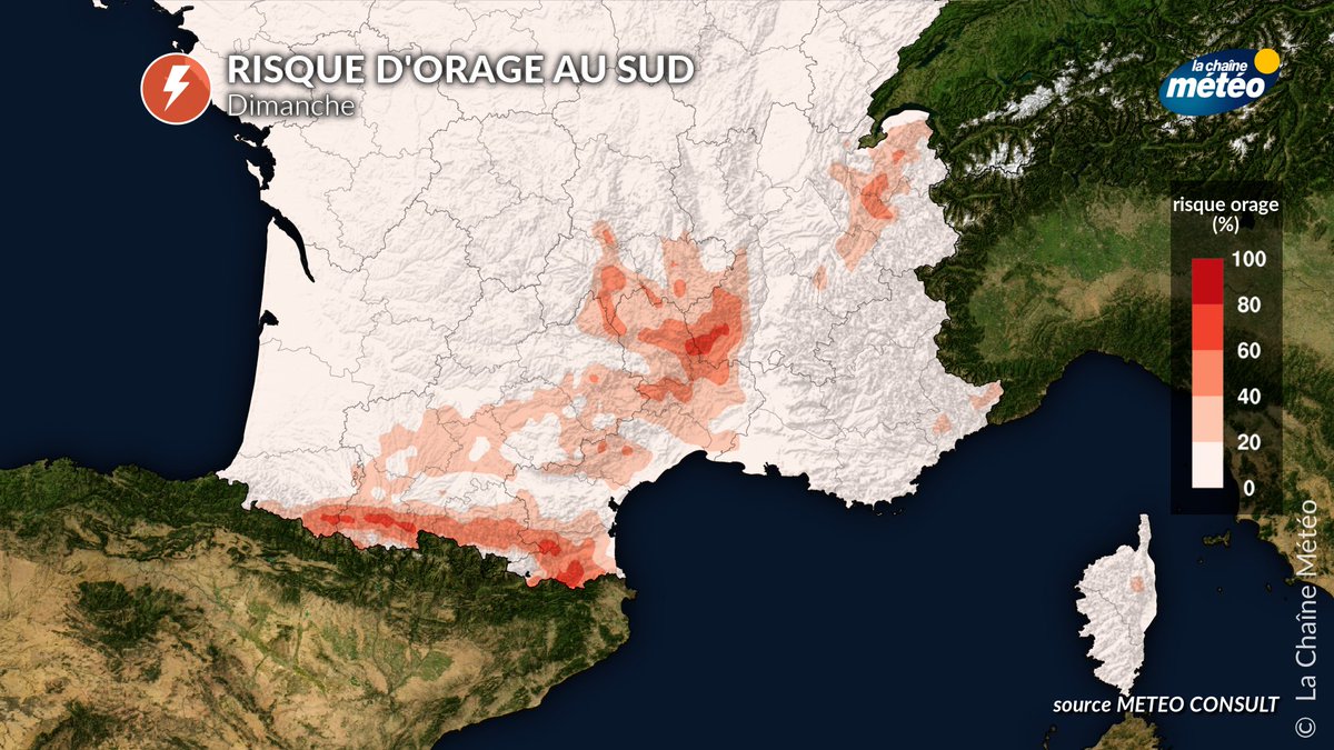 lachainemeteo's tweet image. Dimanche après-midi, quelques #orages 🌩️pourront se développer sur les #Pyrénées, le sud du #Massifcentral et les #Préalpes du Nord. Ces orages resteront ponctuels et disparaîtront dès la tombée du jour.