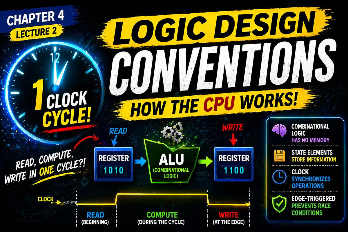 DrMElhosseini's tweet image. Read → Compute → Write… all in ONE cycle?! ⚙️

It’s all about Combinational vs Sequential (State) 🔍
📘 Based on Patterson &amp;amp; Hennessy
🎥 Chapter 4 | Lecture 2
[youtu.be/lKWv_K41pDY]

#ComputerArchitecture #MIPS #LearnWithMe