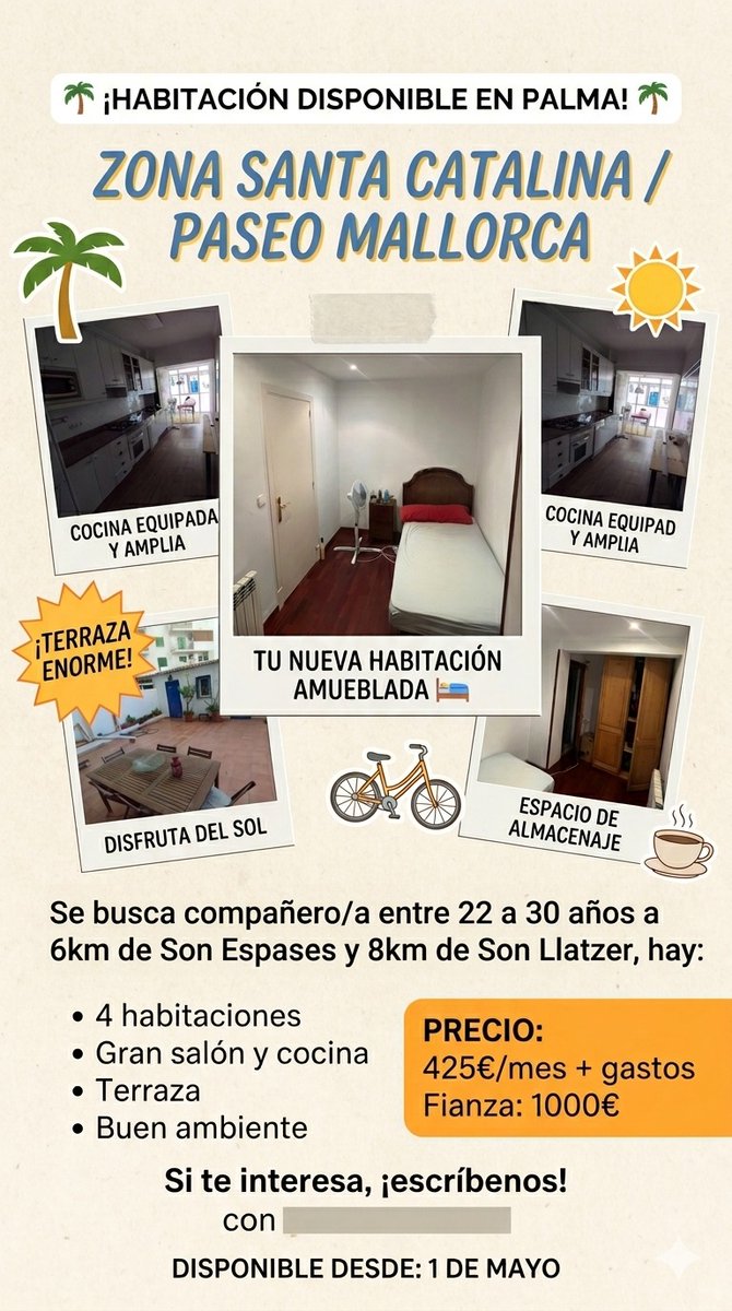 broch_j's tweet photo. Busquem compi de pis
A 5 km del hospital son espases 
A 2 km del estació de autobús i tren
A 8 km del hospital son Llàtzer 
Requisits: llarga estancia i treball qualificat 
Disponible a partir de 1 de maig
Més info: MD
Un retuit es d'agrair.
#palmademallorca #vivienda https://t.co/YaKqkoZ7mP