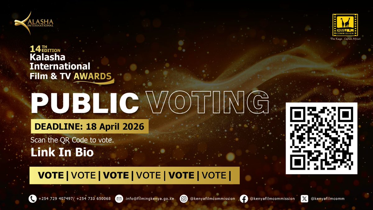 KalashaKenya's tweet photo. Voting closes today!
Have you voted for your favorite actor, actress or film?
Scan the QR code to vote now or use the link: https://t.co/NA3jIbrZaG
#kalasha2026 #publicvoting #votenow #14thkalashaawards #kenyafilmcommission
^ZK https://t.co/3QRC63vu6r