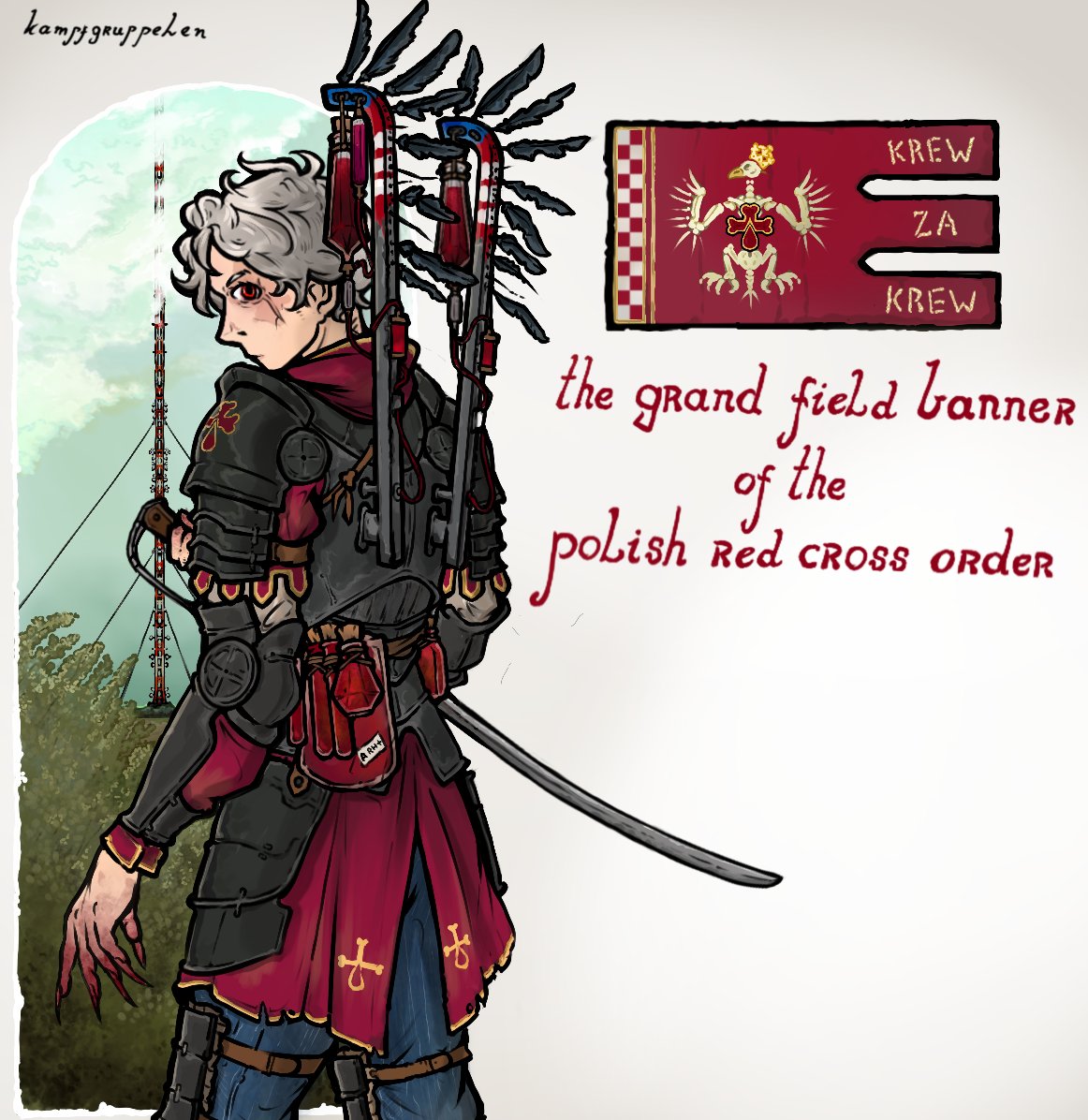 Restituta Polonia: Wielka chorągiew polowa zakonu Polskiego czerwonego krzyża

Soldiers without a home, an army without hope. Spilling the tainted blood of man-eaters in exchange for a supply of clean blood needed to retain what remains of their sanity.