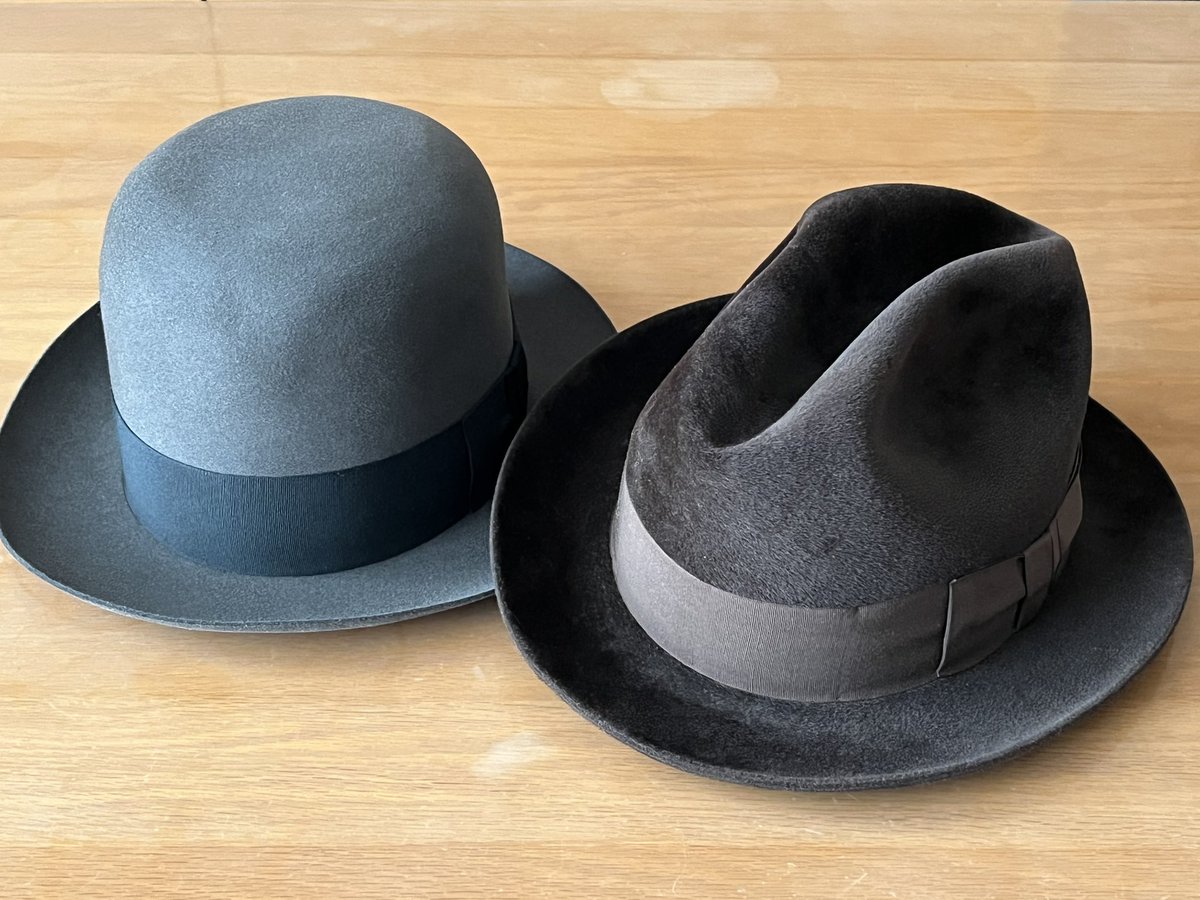 戦前のソフト帽(中折れ帽)は新品のときはこういう丸天井で、自分で折って好きなように形を作ってたんです
だから今みたいに綺麗に型で押したような凹み方じゃないんですよね