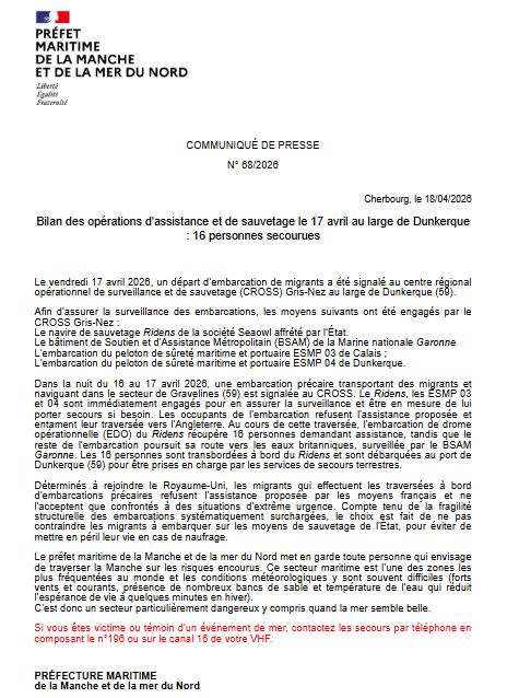 Image de Préfecture maritime Manche et mer du Nord - [#Opération] d'assistance et de sauvetage au large de Dunkerque le 17 avril : 16 personnes secourues