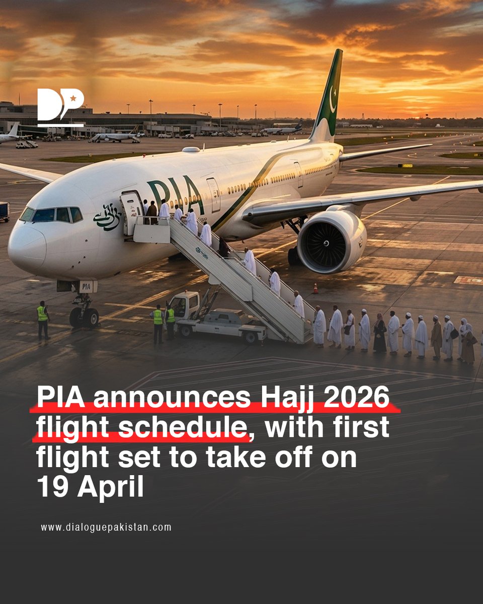 DialoguePak's tweet image. PIA has released its official pre-Hajj 2026 flight schedule, confirming that pilgrim departures will begin from 19 April. According to the airline spokesperson, a total of 191 flights will transport over 55,000 pilgrims to the holy sites. 

#DialoguePakistan #PIA #Released
