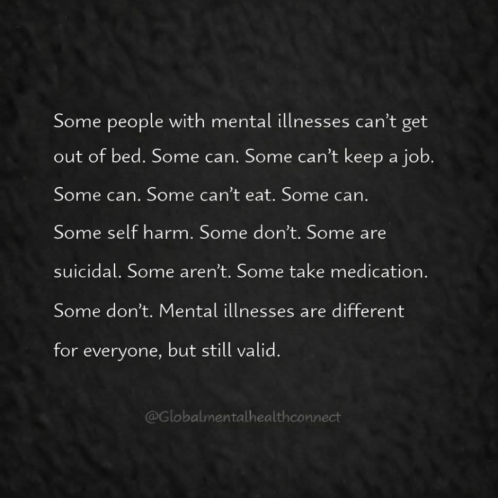 Onechaoticmind4's tweet image. Just a reminder....... people who have mental illnesses do not experience it all the same. 💚

#mentalillness #keeptalkingMH #stigma #endthestigma