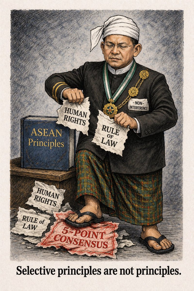 Selective principles are not principles.

Invoking ASEAN’s non-interference while discarding human rights and the rule of law is not adherence to principles, it is distortion.

Accountability is not interference. It is obligation.
#WhatsHappeningInMyanmar #Myanmar #ASEAN