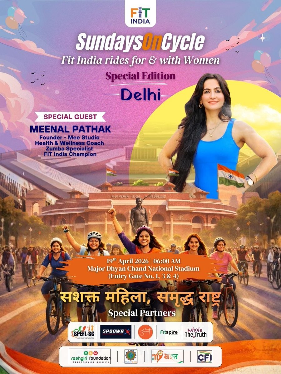 FitIndiaOff's tweet image. FIT India Champion Meenal Pathak is here to power the ride 🚴‍♀️
A true advocate of health &amp;amp; wellness, she brings her energy and passion to #SundaysOnCycle in Delhi, motivating everyone to move, ride &amp;amp; stay fit.
Because a strong routine builds a stronger nation. 🇮🇳

#FitIndia