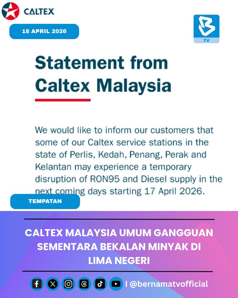 BernamaTV's tweet photo. Caltex Malaysia mengumumkan beberapa stesen minyaknya di lima negeri mungkin mengalami gangguan sementara bekalan petrol RON95 dan diesel bagi tempoh beberapa hari akan datang bermula semalam.
#digitalbernamatv
#caltex
#minyak
#ron95
#diesel https://t.co/CBOhB70bzl