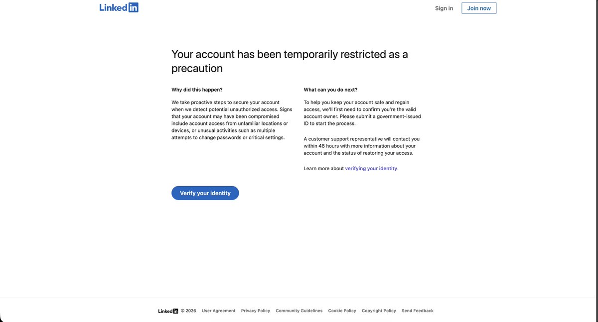 flowithsiraj's tweet photo. @LinkedInHelp My account was restricted, I submitted my govt-issued ID as requested  still banned with ZERO explanation of what policy I violated. 1+ year professional account. No spam, no automation. I need a human review. Please DM me. #AccountRestricted https://t.co/CzPjewid79