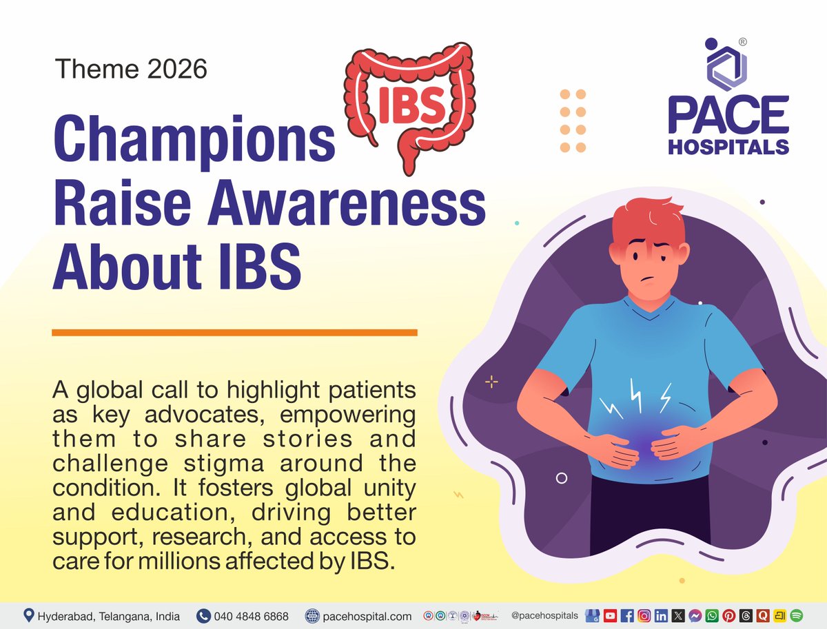 PACEHospitals's tweet photo. 🌍 World Irritable Bowel Syndrome Day 2026 | Listen to Your Gut! 💙

📢 On this World IBS Day, let’s break the stigma, raise awareness, and support those living with IBS.

 👉Theme 2026: “Champions Raise Awareness About IBS”

Struggling with frequent bloating, abdominal pain, or irregular bowel habits? 😣

It could be irritable bowel syndrome (IBS) — a common yet often misunderstood digestive condition.

🚨 Did you know?
 🔹IBS affects millions worldwide 🌎
 🔹Symptoms can come and go, impacting daily life
 🔹Stress & diet play a major role in flare-ups

⚠️ Common Signs of IBS:
 💨Bloating & gas
 🤕Abdominal pain or cramps
 🚽Diarrhea, constipation, or both
 😟Discomfort after eating
💡 Manage IBS Better:
 🥗Follow a gut-friendly diet (low FODMAP foods)
 🧘Manage stress & anxiety
 💧Stay hydrated
 🏃Stay active
 
🩺Consult a doctor for proper diagnosis & care
You’re not alone understanding your gut is the first step to feeling better! 💙

✨ Healthy gut = Healthy life!

👉 World Irritable Bowel Syndrome Day 2026: https://t.co/xmerLTC9fr

👉 Listen World Irritable Bowel Syndrome Day Podcast 2026: https://t.co/59p6drcTfq

👉 Best Gastroenterology Hospital in Hyderabad: https://t.co/XWwpHxZhcd

#WorldIBSDay2026 #IBSday #IrritableBowelSyndrome #GutHealth #DigestiveHealth #HealthyGut #Wellness #HealthAwareness #healthcare #PACEHospitals #Hyderabad #India