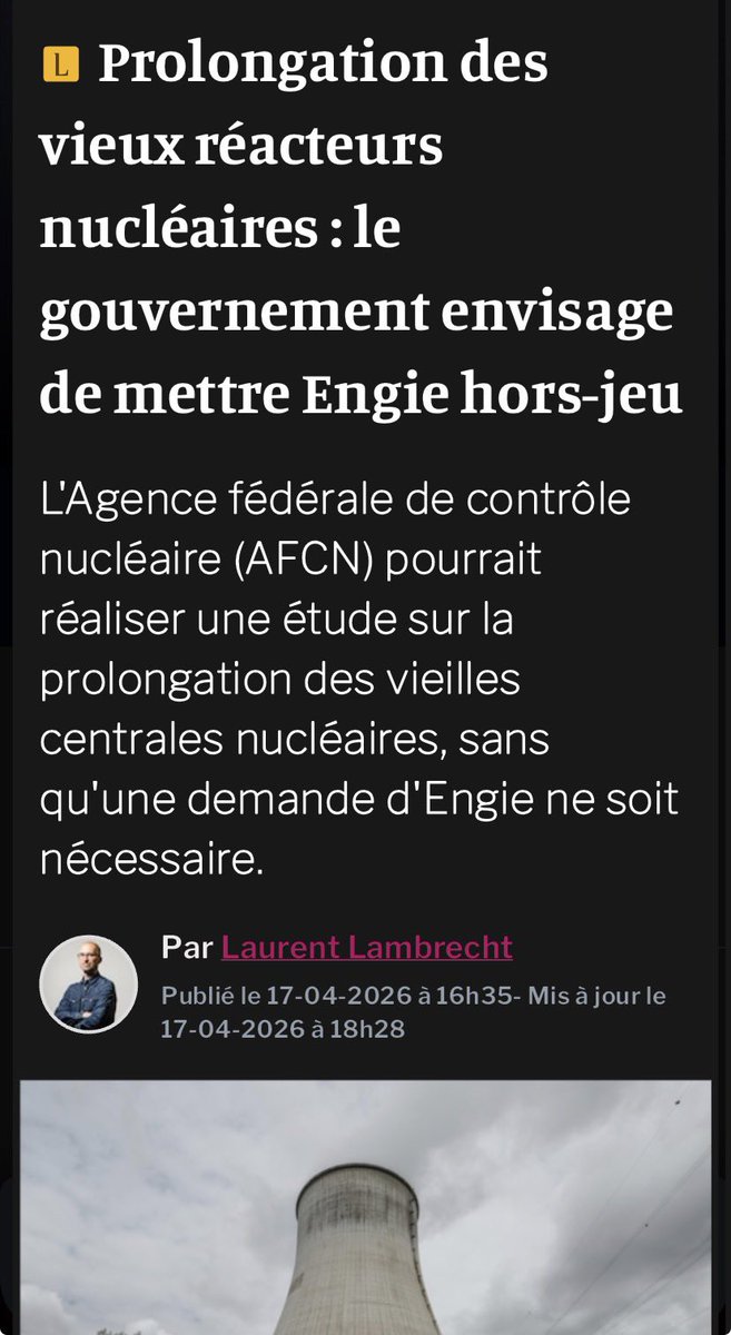 EVANVAERENBERGH's tweet photo. #ENERGIE: On apprend par cet article de @laurentlam de @lalibrebe, que le gouvernement #ARIZONA ferait le forcing pour que l’Agence fédérale de Contrôle nucléaire (AFCN) prenne la main sur le dossier nucléaire et pour pouvoir prolonger les réacteurs nucléaires existants à #DOEL et #TIHANGE.

On peut qualifier cela de bonne nouvelle.

Rappelons que @ENGIEgroup fait tout pour accélérer le démantèlement avec des actions irréversibles.

Pour le 4 mai 2026 prochain, ENGIE, malgré l’incompréhension des travailleurs qui n’en peuvent plus de cette situation malsaine, semble mettre la pression pour découper les doigts de gant de la cuve de #TIHANGE1 et donc empêcher le réacteur de pouvoir être prolongé.

Cela ressemble à un caprice d’enfant qui ne veut plus son jouet mais qui ne veut pas qu’un autre puisse l’avoir.

@Bart_DeWever @GLBouchez @YVerougstraete @SammyMahdi @conner_rousseau, on compte sur vous pour que le 4 mai soit une date qui ne sera pas marquée dans l’histoire de la Belgique.

https://t.co/PKm9p5Vu3n.