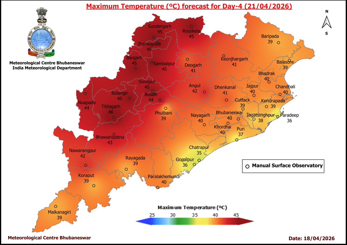 mcbbsr's tweet image. Maximum Temperature Forecast for next 5 days
#Odisha #hot #temperature