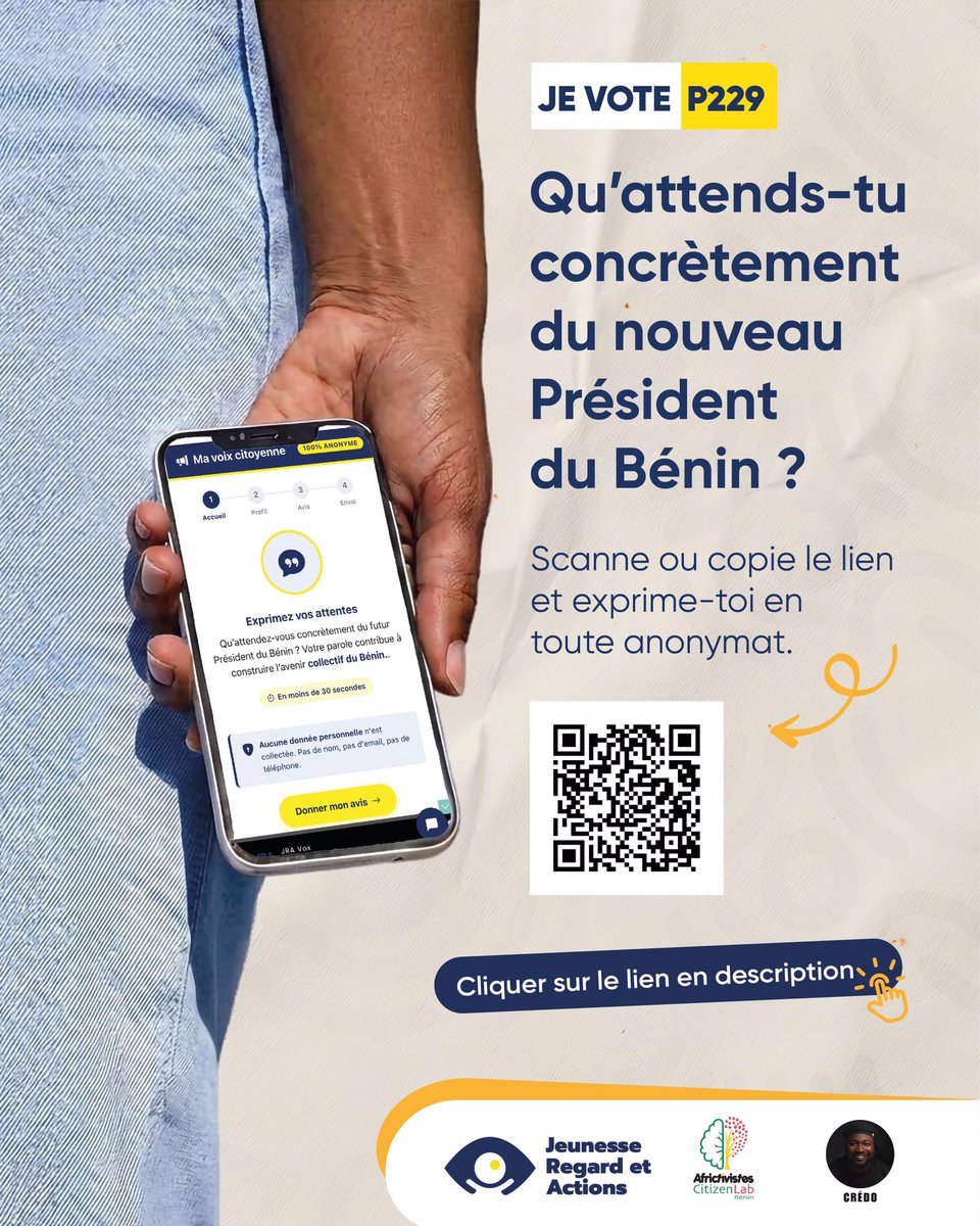 CitizenLab_BN's tweet photo. Quel Bénin veux-tu voir avec le nouveau président ? 

La démocratie ne vit pas seulement le jour du vote. Chaque contribution compte pour construire un agenda citoyen pour le Bénin.

Clique sur le lien en commentaire ou scan le code qr sur le visuel

#JevoteParcequeBenin https://t.co/yaUP6Jlg0V