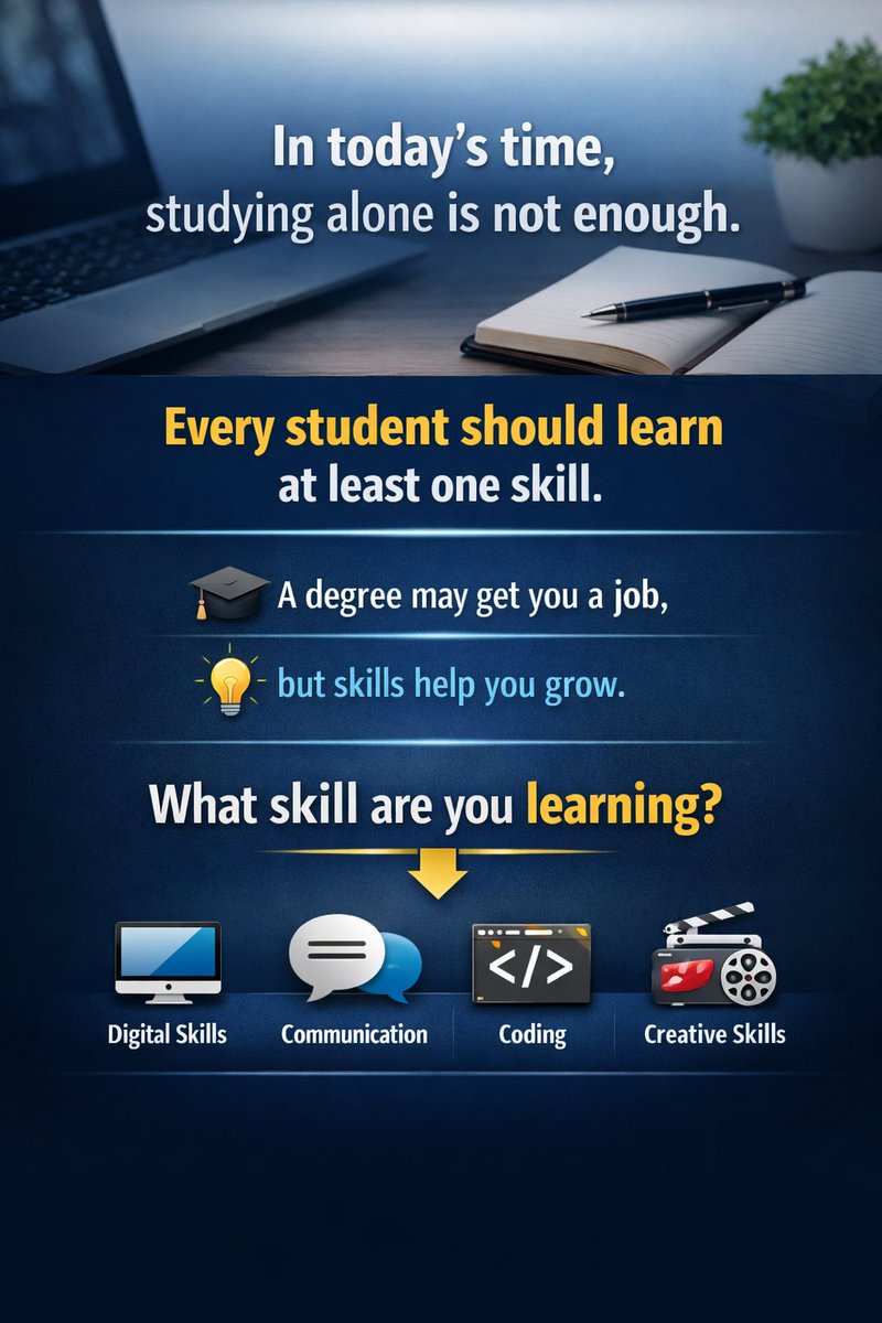 KumarAbhij59387's tweet image. In today’s time, studying alone is not enough.

Every student should learn at least one skill.

A degree gets you a job,
skills help you grow.

What skill are you learning? 👇

#Students #Skills #Career #Growth #Learning