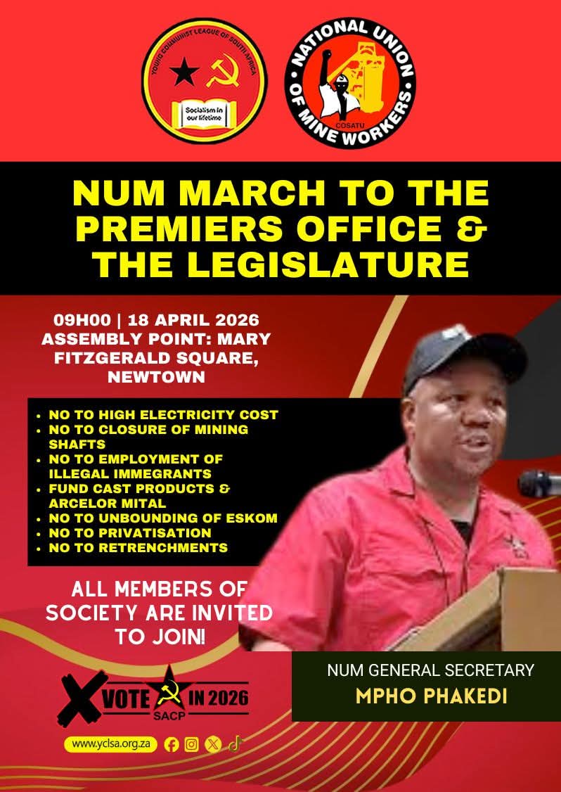 _cosatu's tweet photo. #YCLSA fully supports #NUM mass action to the office of the Premier and the Legislature against high cost of electricity, closure of mining shafts, retrenchments, unbundling of #Eskom and privatisation in South Africa @Newzroom405 @Eskom_SA @deptoflabour @CCMA_SA @GwedeMantashe1 https://t.co/IULAoUFiJ8