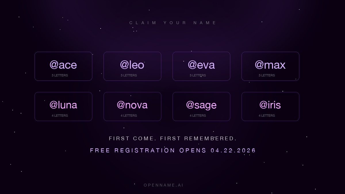 openname_ai's tweet image. Four-letter names are the AI-era alpha.

@luna @nova @sage @echo @iris @aria @juno @vera

Only 1.6M combinations ever. 7.8B humans. The math speaks.

04.22.2026. Free mint. Onchain forever.

#OpenName #4Letter #Alpha #Crypto #AI #NFT
openname.ai