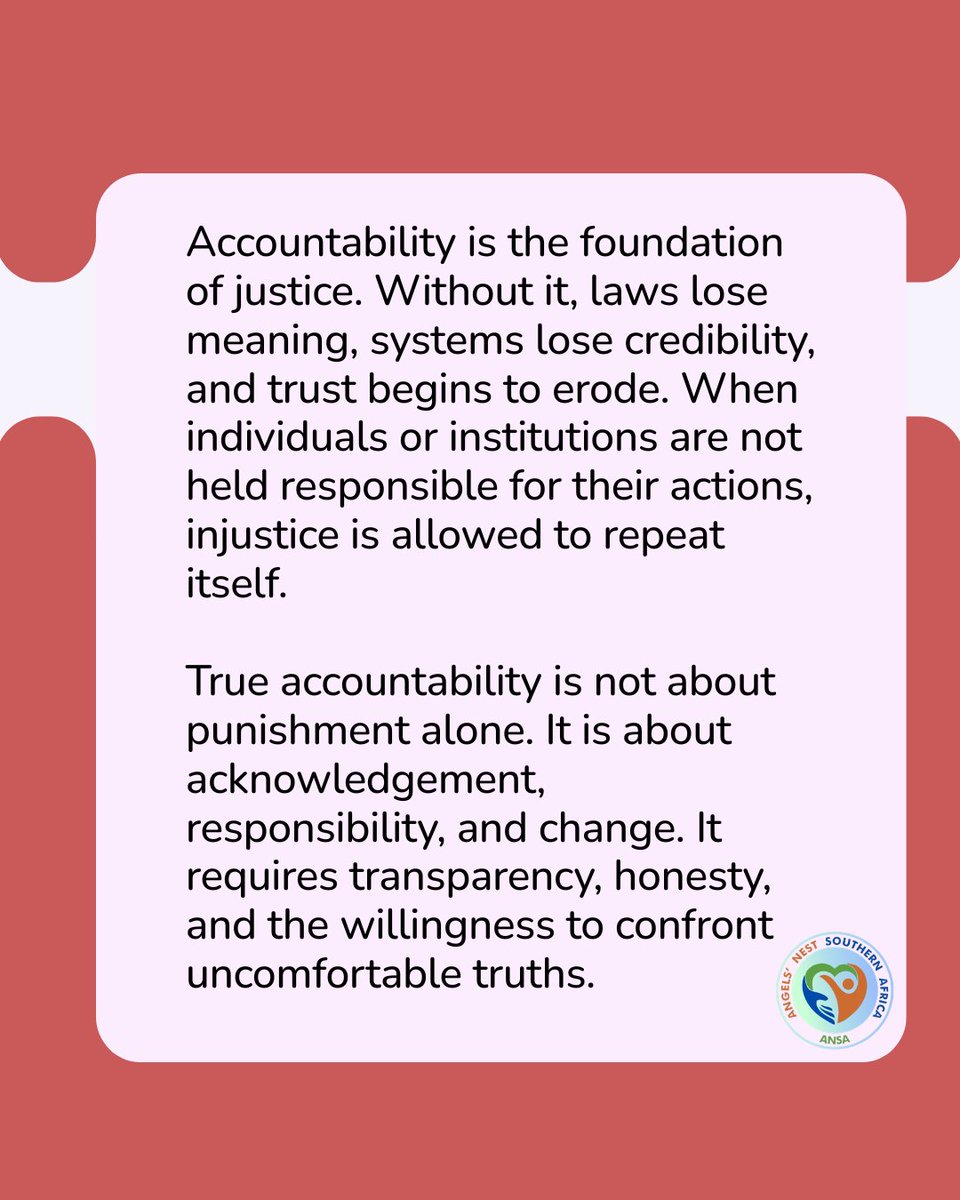 AngelsnestSa's tweet photo. In the absence of accountability, silence grows stronger. But when accountability is practiced, it breaks cycles of harm and builds pathways toward healing and fairness.

#Accountability #Justice #SpeakUp #BreakTheSilence #TruthMatters #EndCorruption #Transparency #Healing https://t.co/byNDwseygS