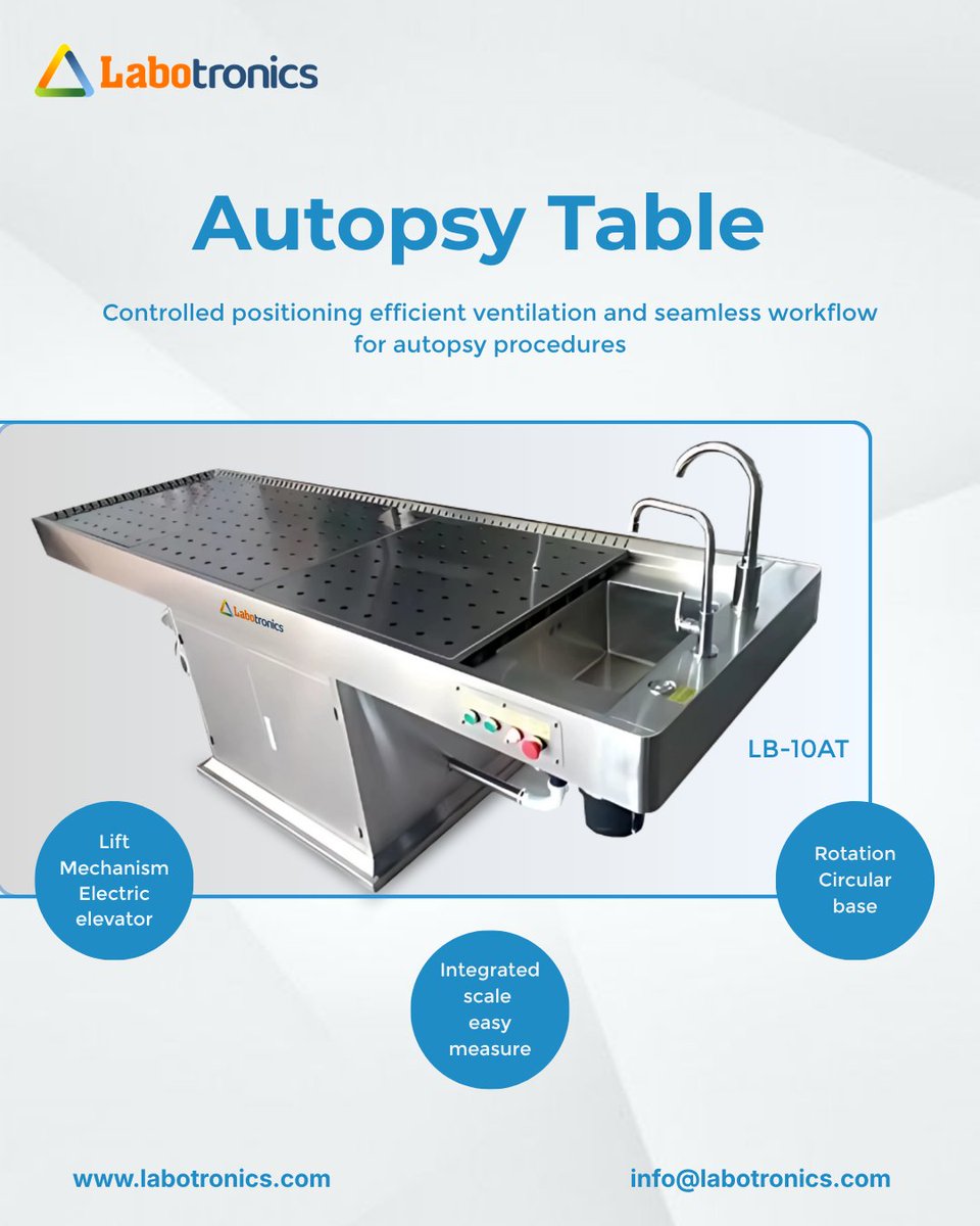 Labotronics's tweet photo. Autopsy Table LB-10AT with rotatable base, efficient ventilation, and waterproof power integration, designed for smooth handling and workflow.
info@labotronics.com
Learn More: https://t.co/NUscdND6F4
#Labotronics #AutopsyTable #AutopsySolutions #AutopsyLab #ForensicLab https://t.co/lqVQ53qrET