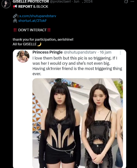 ive seen every era n witness everything giselle went thru. yes, kpop stans, knetz, including edtwt, all played a part in bodyshamin her. but yall hypocritical as hell tryna drag her while yall be in edtwt body checkin n starving. heal yall self first. leave her alone.