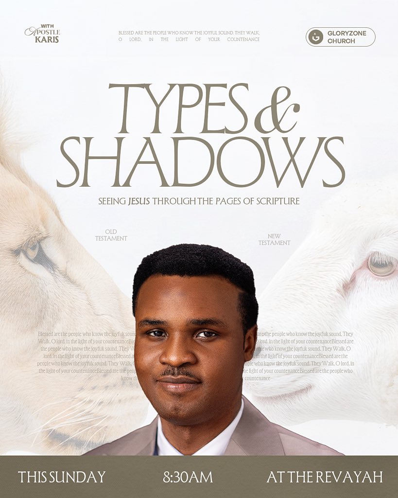 gloryzoneglobal's tweet image. TYPES &amp;amp; SHADOWS 🔥

Join us this Sunday as we Jesus through the pages of scripture with Apostle Karis. ✨

📅 : 19 April 2026
⏰: 8:30am
📍: The Revayah, No.4 Helen Gomwalk way, Off Old Airport, Jos.

#Gloryzonechurch #ForTheBillionsUntold #Comehome