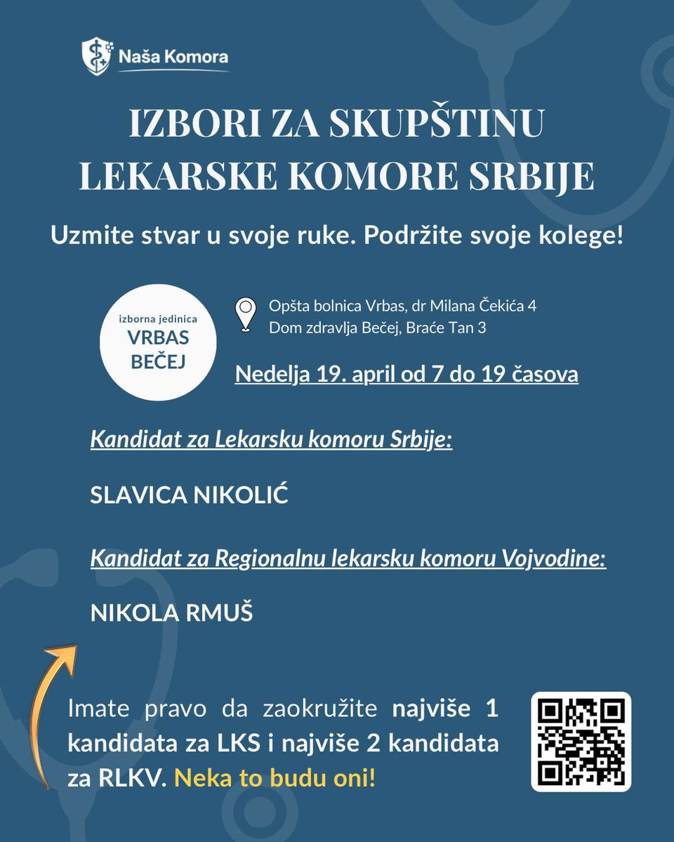 Dragi lekari i lekarke,
poslednjih godinu i po dana bili ste naš BELI ŠTIT.
U nedelju na izborima za Lekarsku komoru Srbije, mi ćemo čuvati vas jer je u vašim rukama mnogo više od glasa.
U vašim rukama je poverenje pacijenata i dostojanstvo profesije.

KOMORA JE VAŠA! 🤍🩺