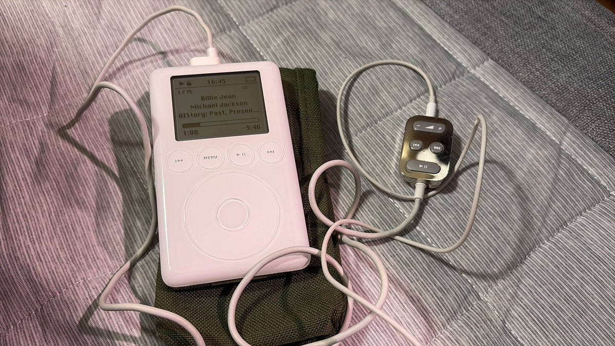 SACHI_R's tweet photo. 実家から持ち帰り、バッテリー交換と128GB化して一週間。ハイレゾApple Musicよりも好みの音にびっくりで、これしか聴いてない。コントローラーとDockも見つけてきた。#iPod 3rd Gen. https://t.co/lRAxQyP1zq
