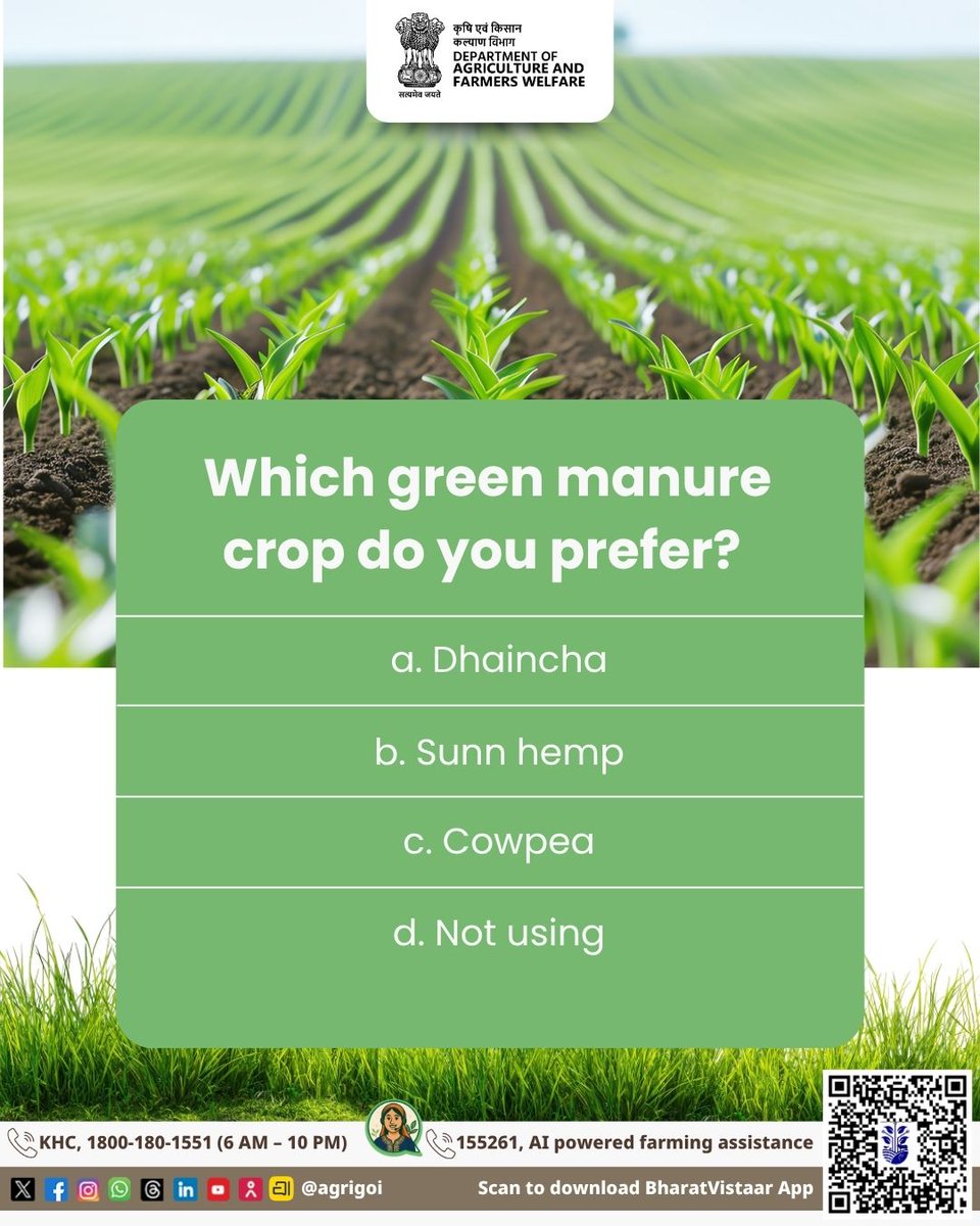 AgriGoI's tweet image. Which green manure crop do you prefer?
● Dhaincha
● Sunn hemp
● Cowpea
● Not using
Cast your vote below 👇 and share your experience with green manuring practices.
Go natural, Support farmers. 
👉 Order now: mystore.in/en/product/nsc…
#SustainableFarming #SoilHealth #GreenManure
