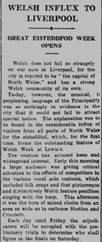 Liverpool1207's tweet image. #Liverpool OTD - 1932: Lewis's Welsh Week and Eisteddfod opens... 🏴󠁧󠁢󠁷󠁬󠁳󠁿