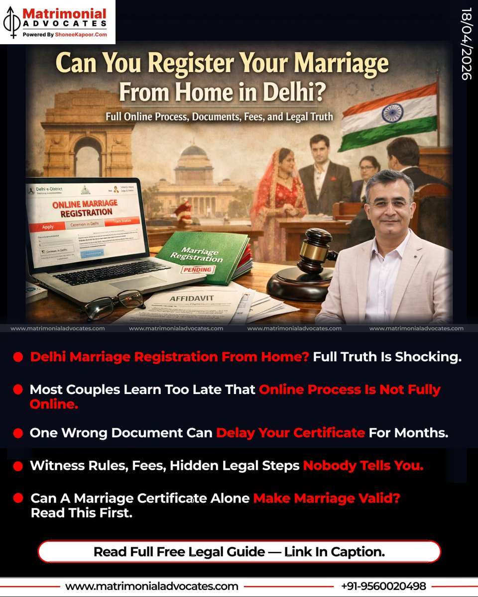 Matrimony_Advo's tweet image. Can you register #marriage in #Delhi without leaving home or is “online” only half true?

Hidden steps, witness rules, personal appearance &amp;amp; one wrong document can trigger years of #litigation. In India, ignorance is expensive.

Read full #legal guide:👇
matrimonialadvocates.com/how-marriage-r…