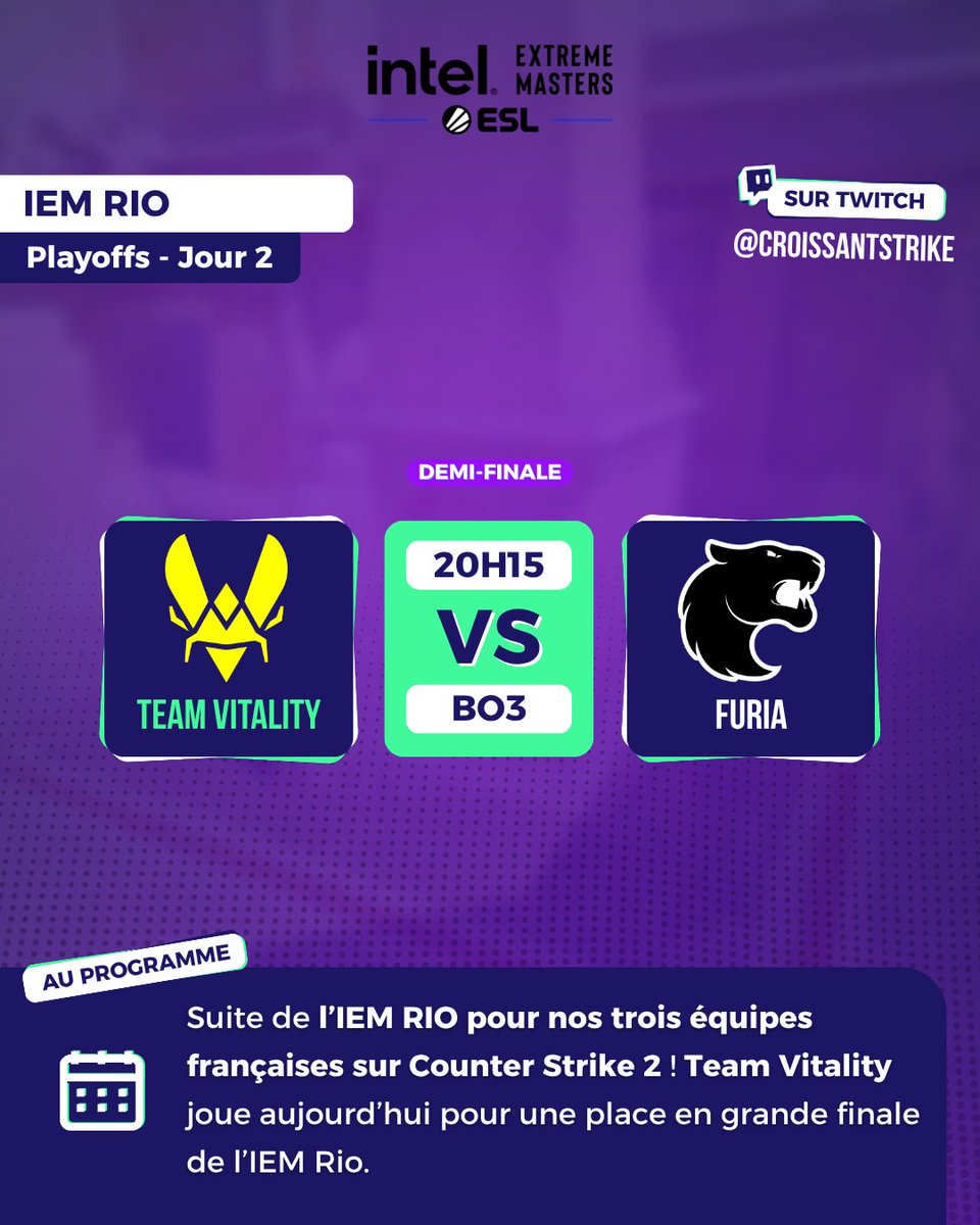 RankedActu's tweet image. Suite de l'IEM Rio sur Counter-Strike 2 ! 🔫

@TeamVitalityCS 🇫🇷 joue sa place en grande finale face aux Brésiliens de Furia.

🗓️ Le programme du jour | 📺 @CroissantStrike  :

20 H 15 | 🇫🇷 Team Vitality 🆚 🇧🇷 FURIA

Donnez-nous vos pronostics en commentaire ! ⬇️

#IEMRio #CS2