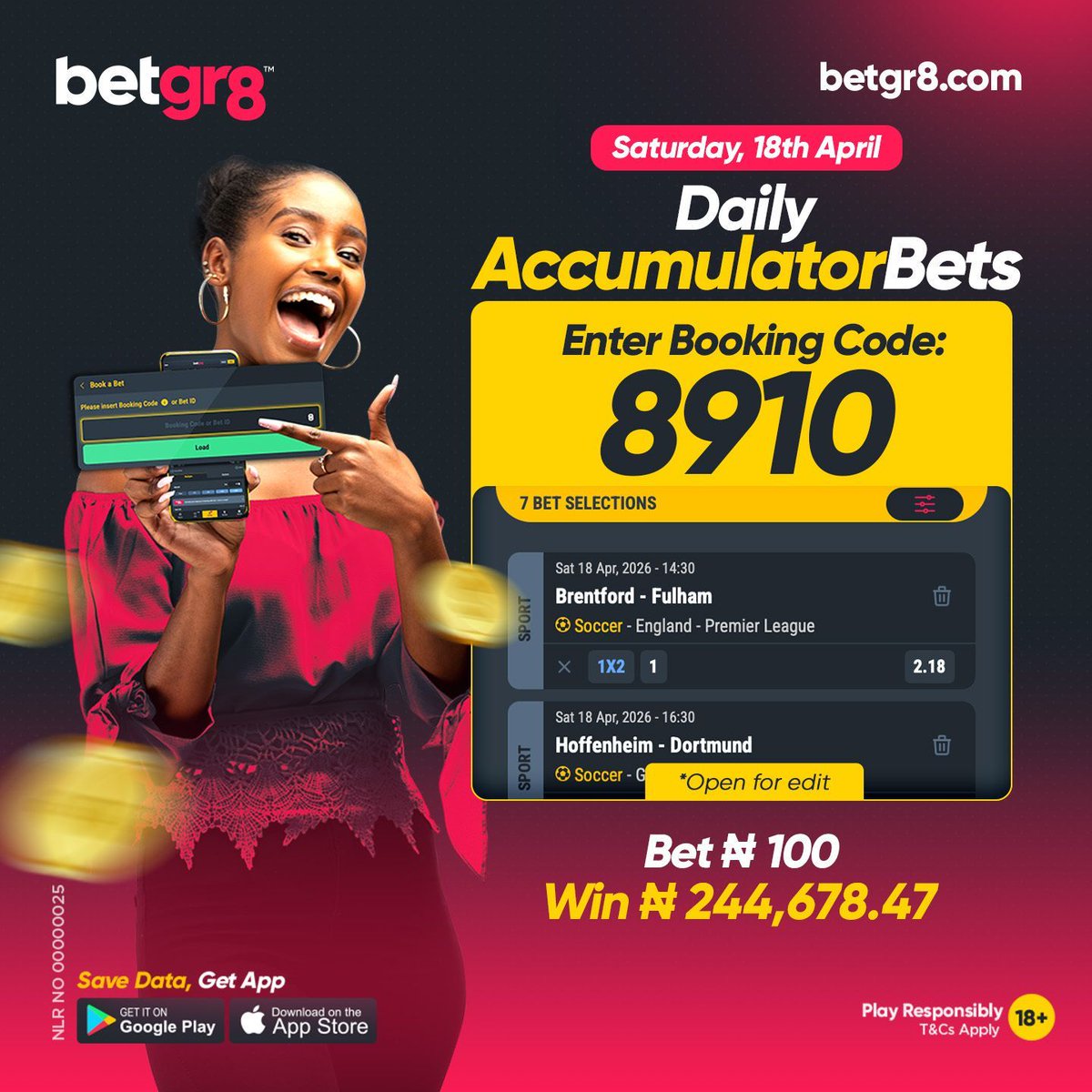Betgr8Nigeria's tweet image. ✅ Saturday's 𝐁𝐨𝐨𝐤𝐢𝐧𝐠 𝐂𝐨𝐝𝐞 is LIVE!
Enter Booking Code: 𝟖𝟗𝟏𝟎 here👇️
📲 betgr8.com/ng/retrieve-bo…

⚽ Handpicked matches
🔥 Boosted odds
💰 Easy wins!

Analyze➡️ edit➡️ stake!

Best of luck!

18+ | #Betgr8 #BookingCode #BoostedOdds #BeGR8