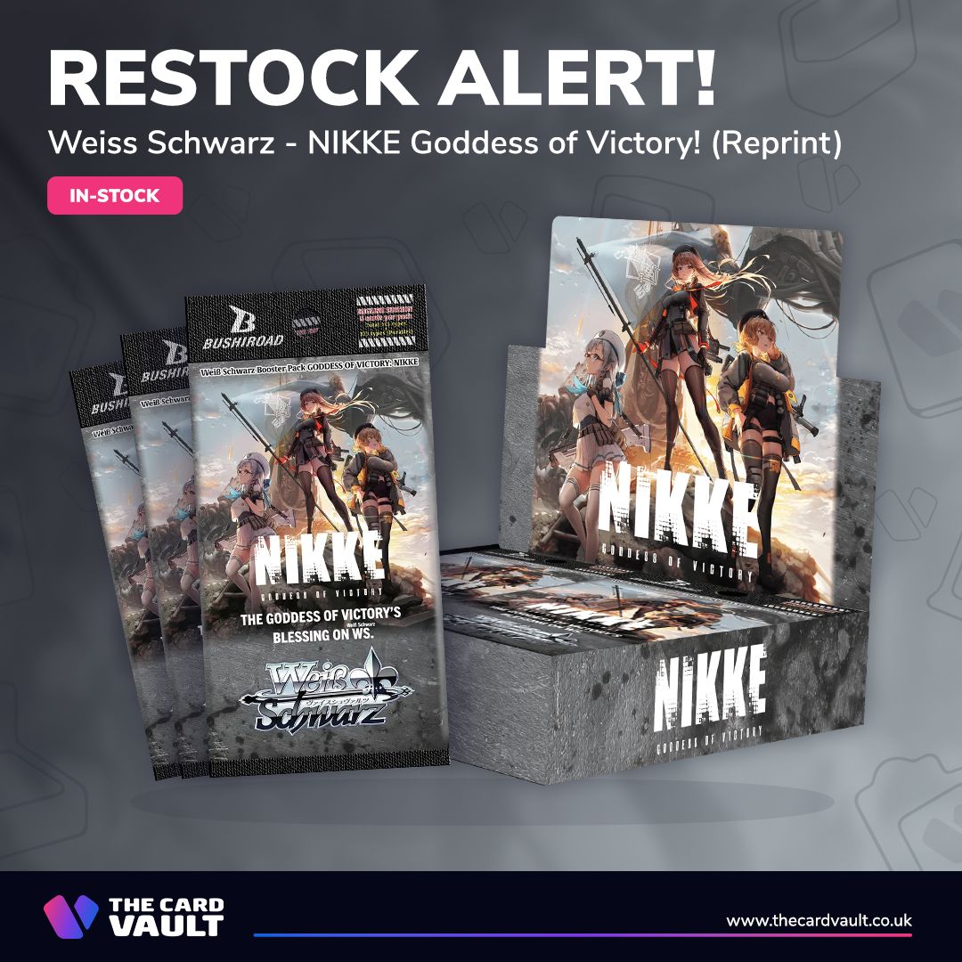 TheCardVaultUK's tweet image. 🚨 REPRINT! 🚨

The Weiss Schwarz - Nikke: Goddess of Victory reprint is here, featuring unique high-rarity cards that differ from the 1st edition. Shop now while stock lasts!

Shop Now: buff.ly/pCVBHdG

#TheCardVault #WeissSchwarz #TCG #NIKKE