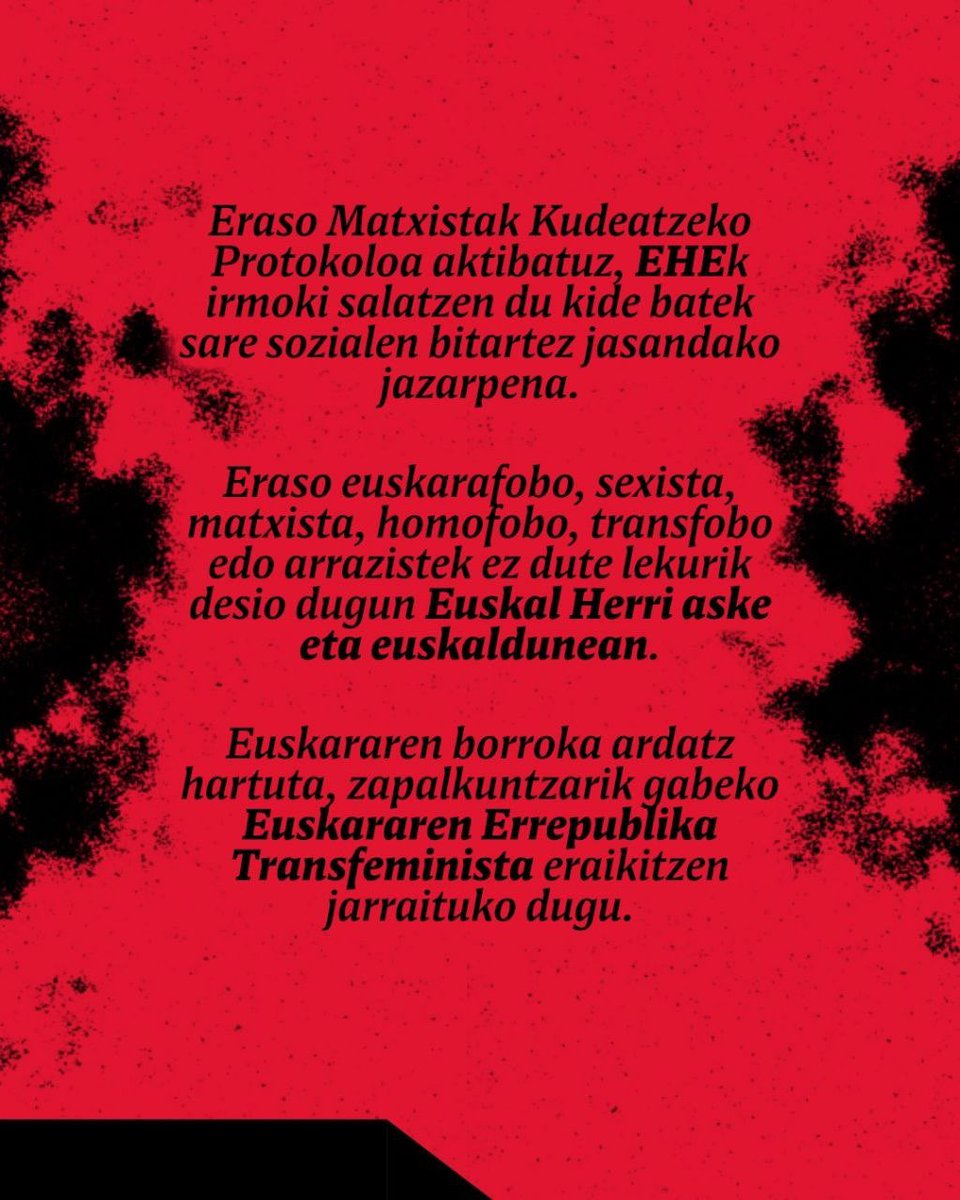 EHEbizi's tweet photo. 🛑 Eraso matxistak kudeatzeko protokoloa aktibatu dugu

Euskal Herrian Euskarazek guztiz gaitzesten du kide batek sare sozialetan jasandako jazarpena. 

Euskararen Errepublika transfemista eraikitzen jarraituko dugu! https://t.co/IzAHvPke8J