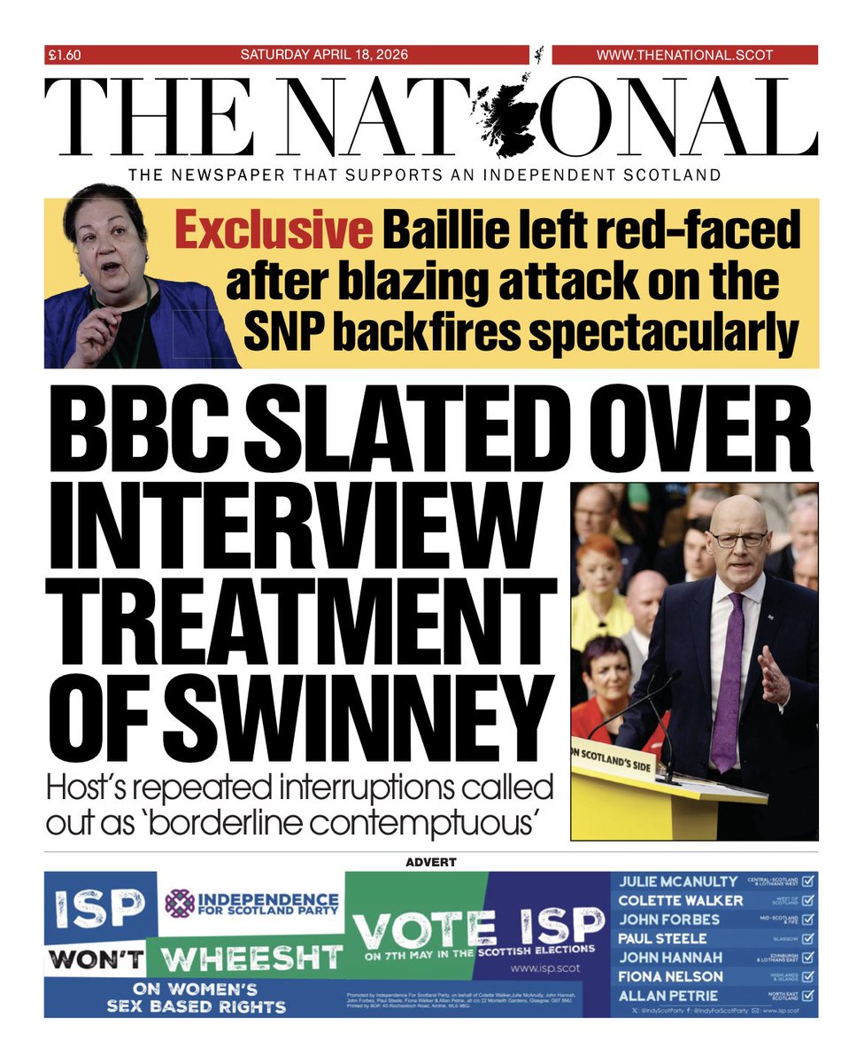 yesGVWK's tweet image. ALT  #GetCounted #YesScots #Yes #SNP #ScottishGreens #LabourInScotland #LibDemsInScotland #ConservativesInScotland #TheNational
Today’s THE NATIONAL.
Get the paper at your paper shop or subscribe online at:
thenational.scot
