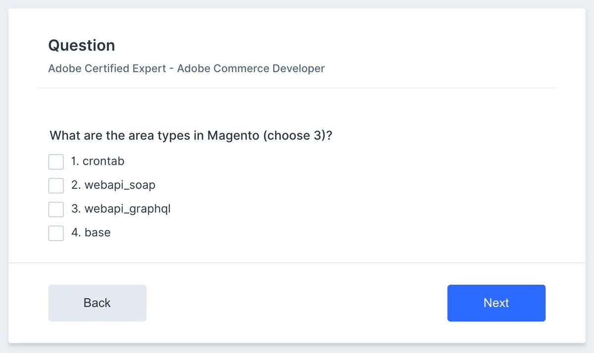 rajkbnp's tweet image. 💡#Magento #Adobe #Certification for
"Adobe Certified Expert - Adobe Commerce Developer"

Q: What are the area types in Magento (choose 3)?
A: 👇