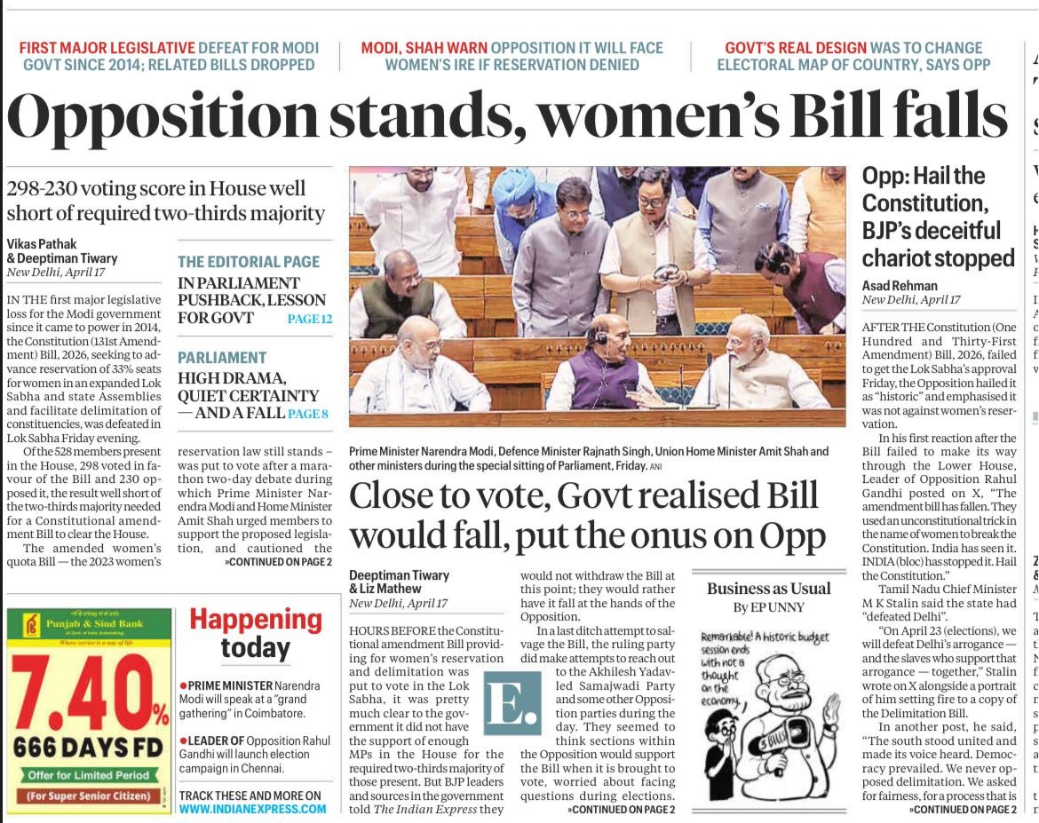 abpandey's tweet image. This is the height of intellectual and journalistic dishonesty. What fell was the Delimitation Bill, the Women's Reservation had been passed in 2023 with due support from all opposition parties. 

@IndianExpress group should be ashamed for writing this deception.