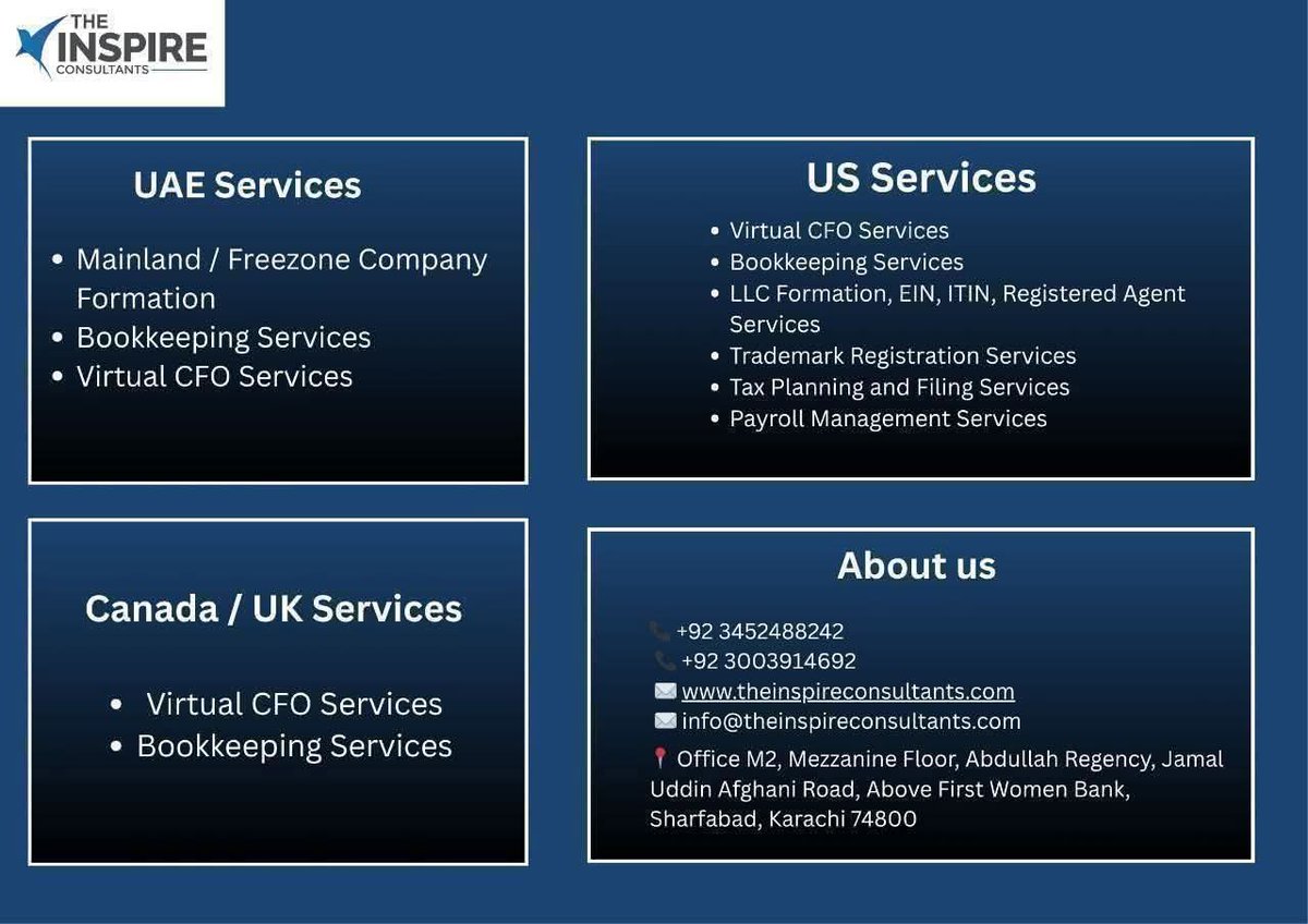 theinspireCons's tweet image. The Inspire Consultants are engaged in providing online financial and business consultancy services.

#bookkeeping #onlinebookkeeping #llcformation #USALLC  #trademark #legal #corporate #Dubaillc #uaellc #freezonecompany #mainlandcompany #llc #Offshorellc #offshorecompany.