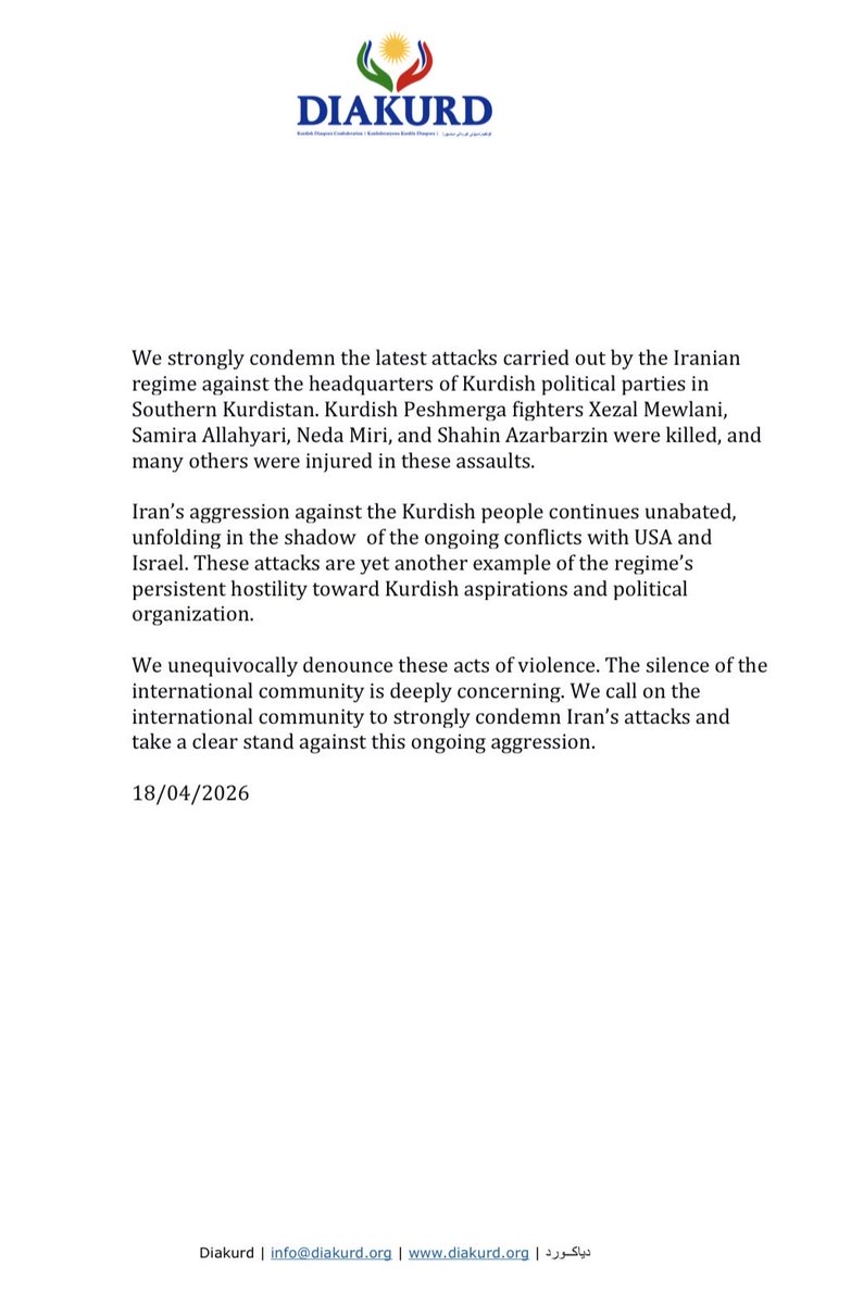 diakurd_org's tweet photo. We strongly condemn the latest attacks carried out by the Iranian regime against the headquarters of Kurdish political parties in Southern Kurdistan. https://t.co/0e27gt3MVx