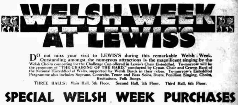 Liverpool1207's tweet image. #Liverpool OTD - 1932: Lewis's Welsh Week and Eisteddfod opens... 🏴󠁧󠁢󠁷󠁬󠁳󠁿