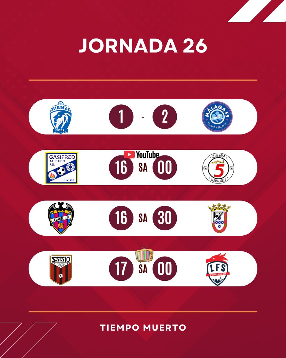 GameOfFutsal's tweet photo. 📺 SEGUIMIENTO J26 📺
🔸 Gasifred Atlético Ibiza ⚔️ Sala 5 Martorell (https://t.co/VbRvl5GEI7)
🔸 Wanapix ADSala10 ⚔️ Leganés (@ardeportes)
#TiempoMuerto
#2Div https://t.co/gShWLJmMA7