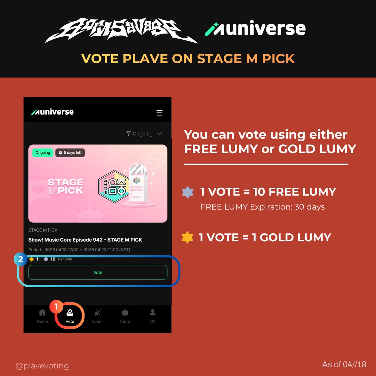 plavevoting's tweet photo. 🏆 𝗩𝗼𝘁𝗲 𝗣𝗟𝗔𝗩𝗘 𝗼𝗻 𝗦𝘁𝗮𝗴𝗲 𝗠 𝗣𝗶𝗰𝗸!

https://t.co/A2eyQ4pKbj

1️⃣ Download Muniverse App
2️⃣ Change the language to your preference
3️⃣ Get Lumy and vote daily!

- Voting ends: 04/23, 11:00 KST
- Prize: Stage M Pick Trophy
- Use FREE Lumy to cast up to 10 votes per day per account
- Use GOLD Lumy to cast additional votes

#Caligo_Pt2 #BornSavage #PLAVE_BornSavage #PLAVE #플레이브 #プレイブ