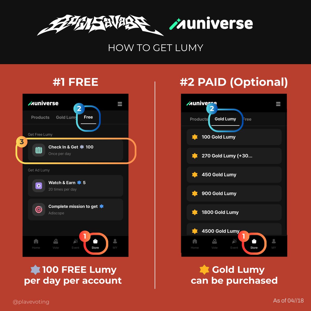plavevoting's tweet photo. 🏆 𝗩𝗼𝘁𝗲 𝗣𝗟𝗔𝗩𝗘 𝗼𝗻 𝗦𝘁𝗮𝗴𝗲 𝗠 𝗣𝗶𝗰𝗸!

https://t.co/A2eyQ4pKbj

1️⃣ Download Muniverse App
2️⃣ Change the language to your preference
3️⃣ Get Lumy and vote daily!

- Voting ends: 04/23, 11:00 KST
- Prize: Stage M Pick Trophy
- Use FREE Lumy to cast up to 10 votes per day per account
- Use GOLD Lumy to cast additional votes

#Caligo_Pt2 #BornSavage #PLAVE_BornSavage #PLAVE #플레이브 #プレイブ