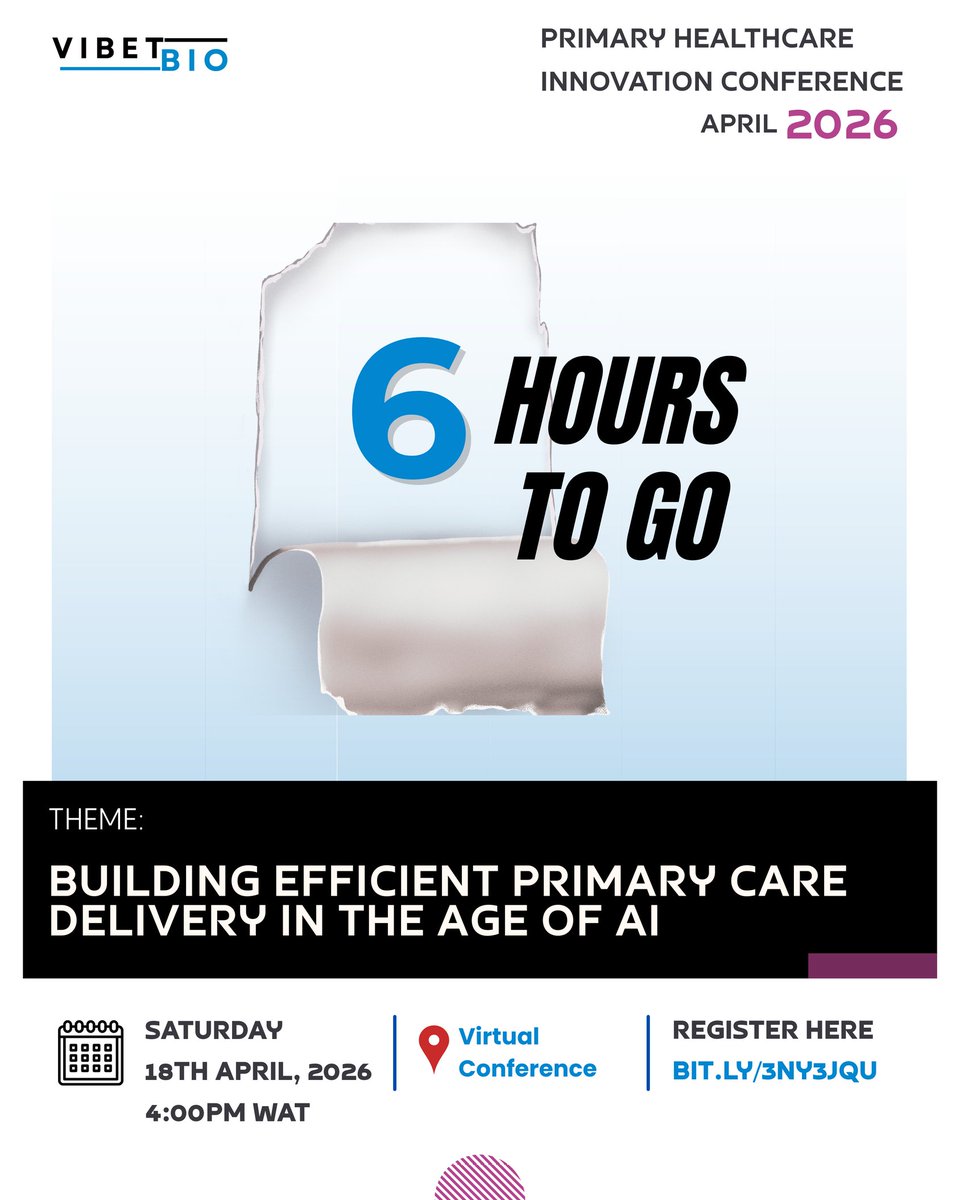 vibetbio's tweet photo. 🚨🚨 6 hours to Go.

The PHC Innovation Conference 2026 is Today!

In 6 hours, some of the most forward-thinking voices in healthcare will come together on one virtual stage to tackle one urgent challenge:
How do we build primary healthcare systems that actually work — https://t.co/zhY6EHmkb5