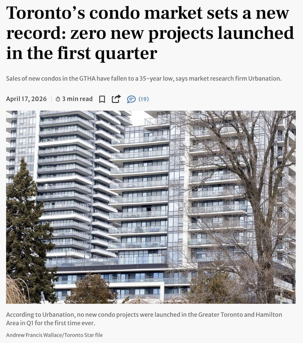 1001NightAI's tweet photo. Toronto's condo markets sets a new record: zero new projects launched in the first quarter.

Source: https://t.co/R4AgaaL5L6 https://t.co/9CIEjBvd6y