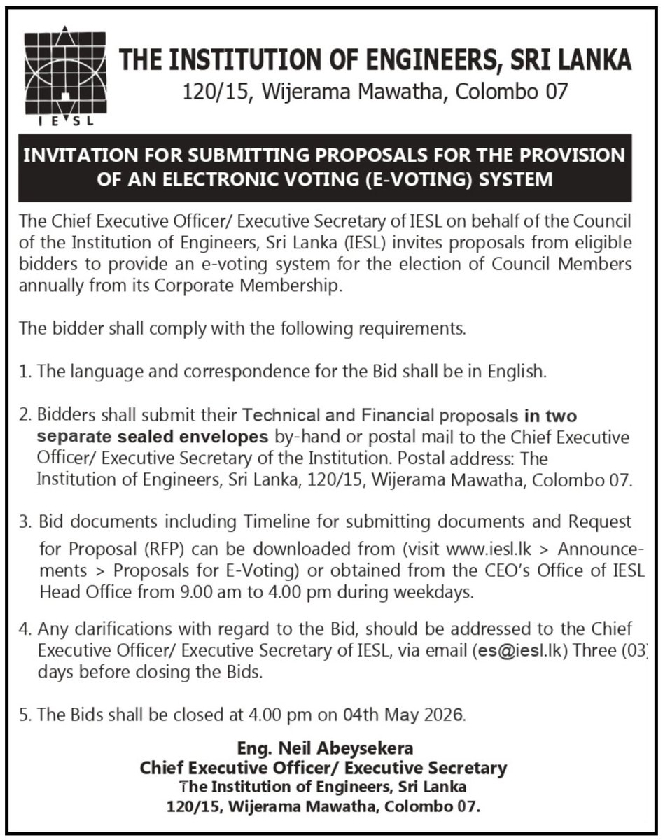 iesllanka's tweet photo. Invitation for submitting proposals for the provision of an electronic voting (e-voting) system 
The IESL invites interested parties to submit proposals for the provision of a secure and reliable e-voting system for its elections. For more information - https://t.co/YbUA8EsFD9 https://t.co/jYshYFYCGC