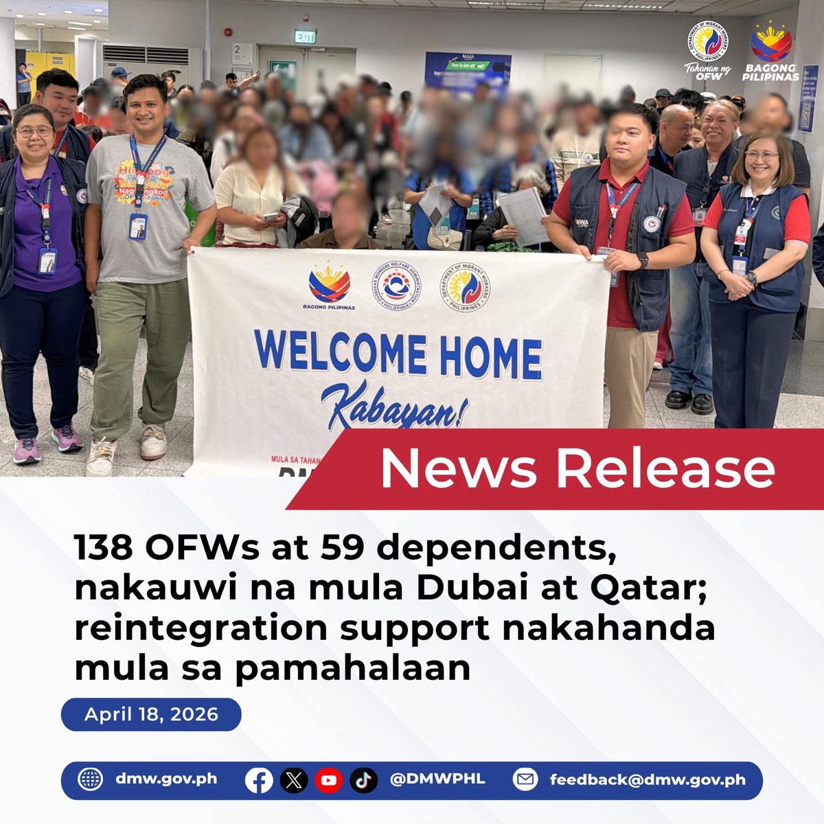 DMWPHL's tweet image. Ligtas na nakauwi sa bansa ang 138 overseas Filipino workers (OFWs) at 59 dependents mula sa United Arab Emirates (UAE) at Qatar nitong April 17, 2026.

Basahin dito -&amp;gt; facebook.com/share/p/14ZrGz…
#OFW
#DMW
#DMWPHL
#TahananNgOFW
#BagongPilipinas